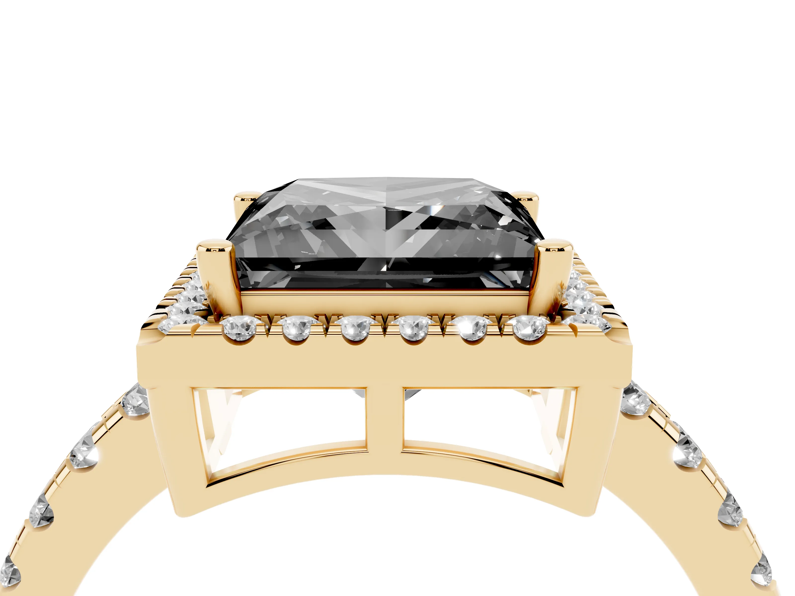 Fancy Black Princess Cut Diamond Halo Ring Set in Yellow gold with Delicate Pavé Band and Prong Setting