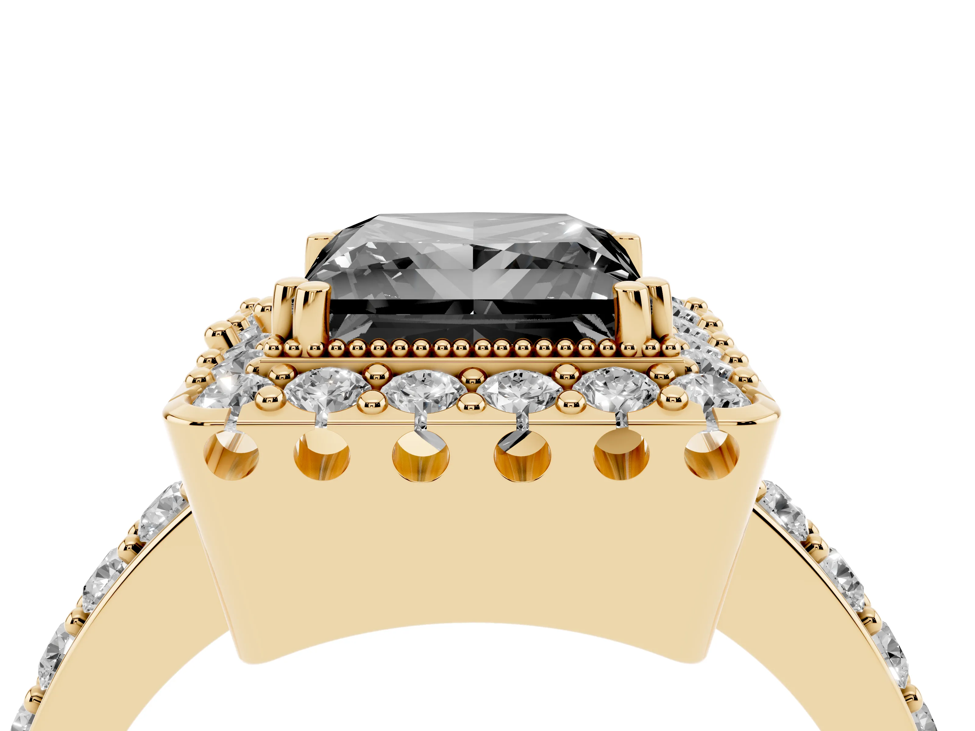 Fancy Black Princess Cut Diamond Halo Ring Set in Yellow gold with Pavé Shank and Prong Setting