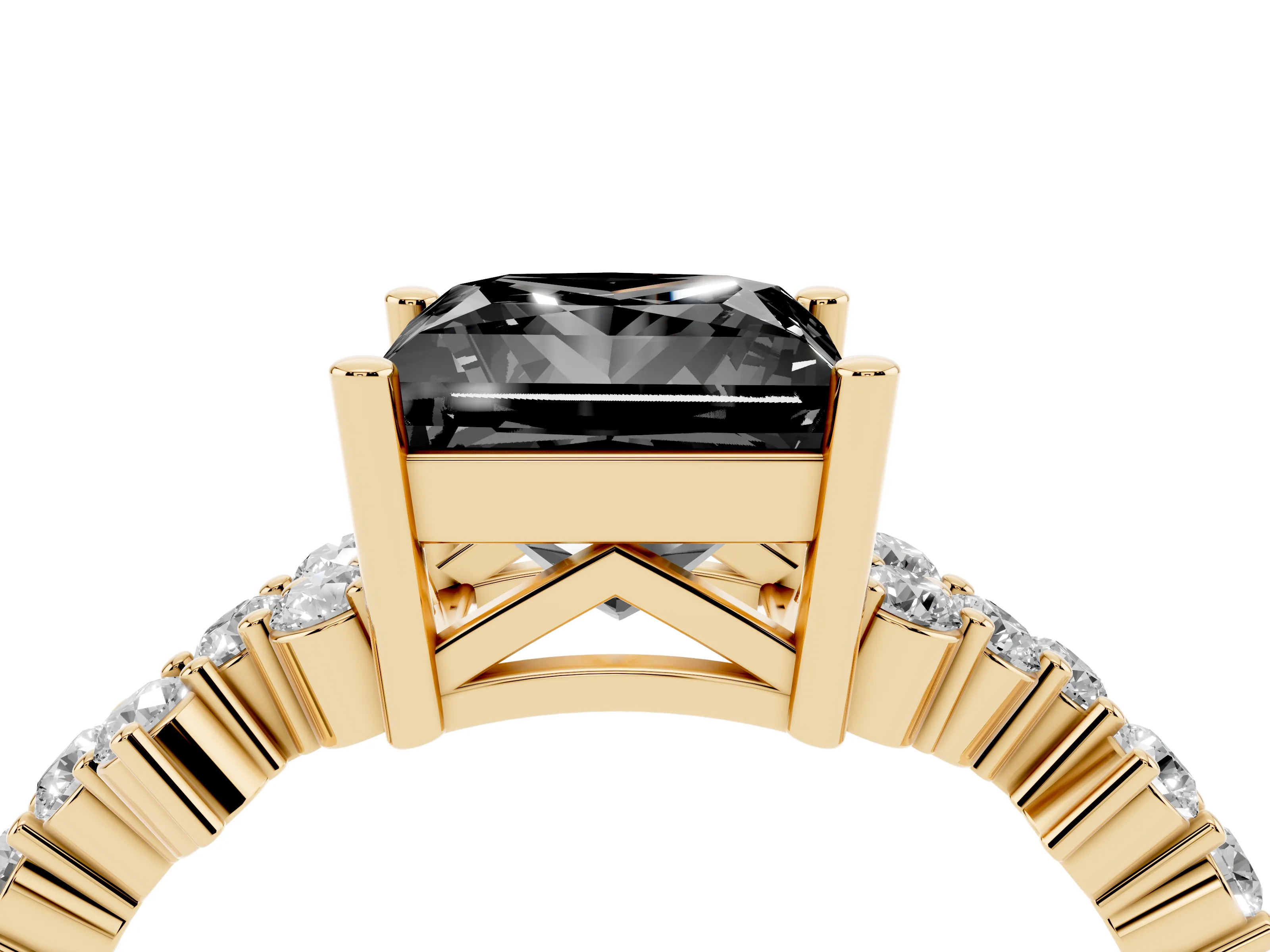 Fancy Black Princess Cut Diamond Ring Set in Yellow gold with Scattered Round Accents