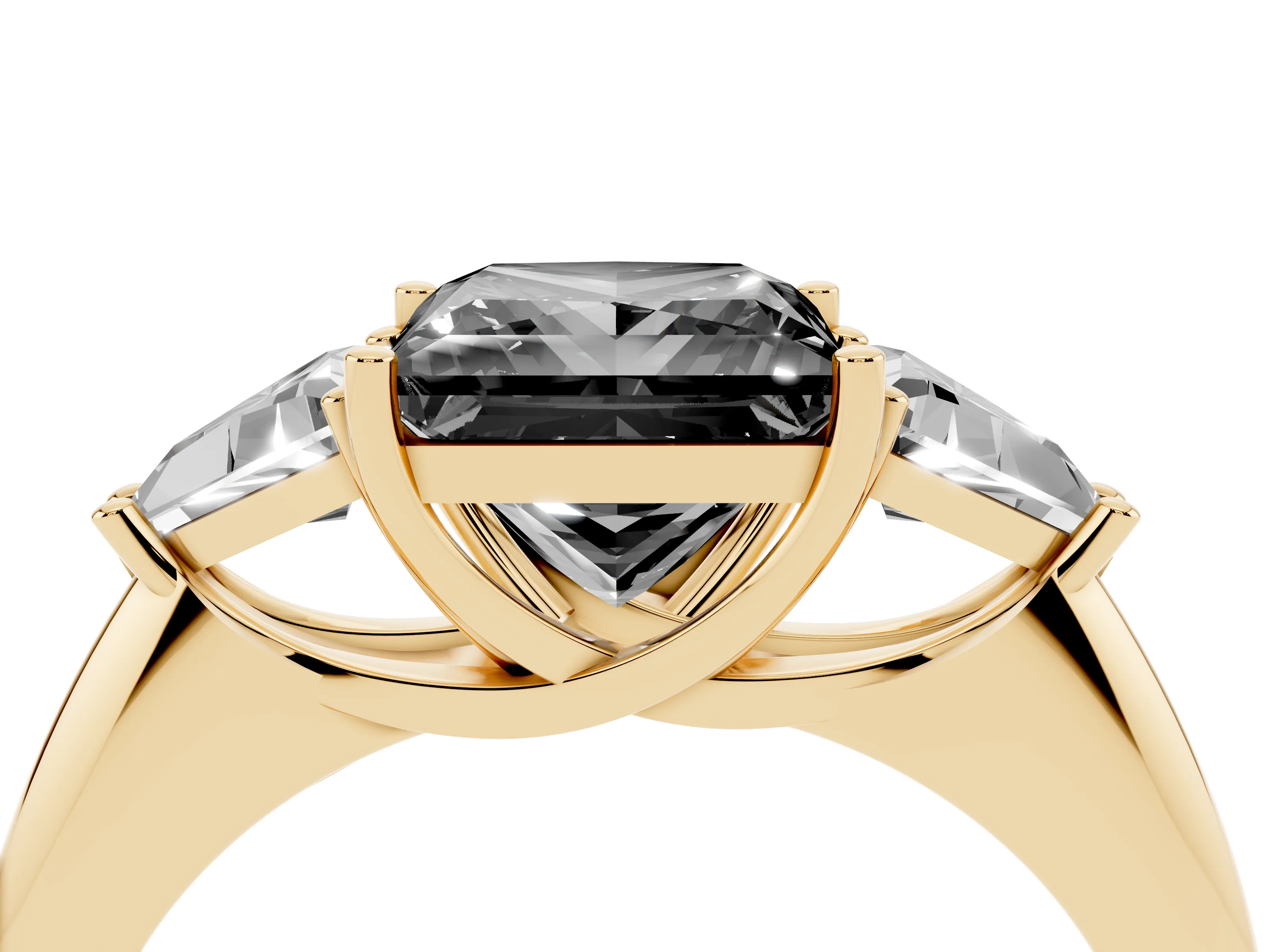 Fancy Black Princess Cut Diamond Three-Stone Engagement Ring Set in Yellow gold with Trillion Side Stones