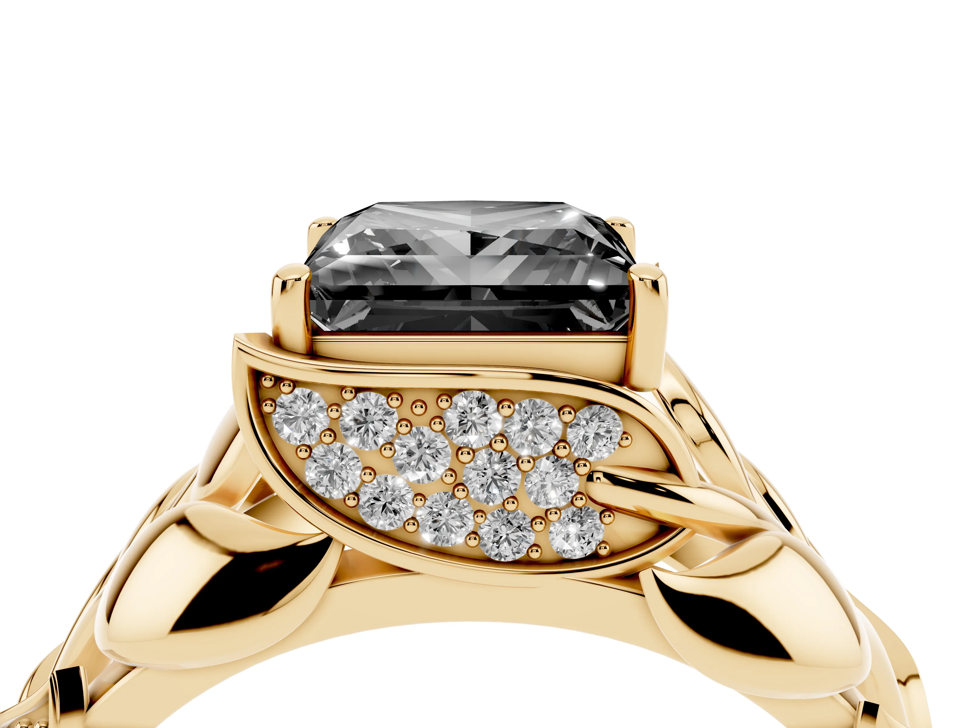 Fancy Black Princess Cut Diamond Leaf-Inspired Engagement Ring Set in Yellow gold with Round Accents