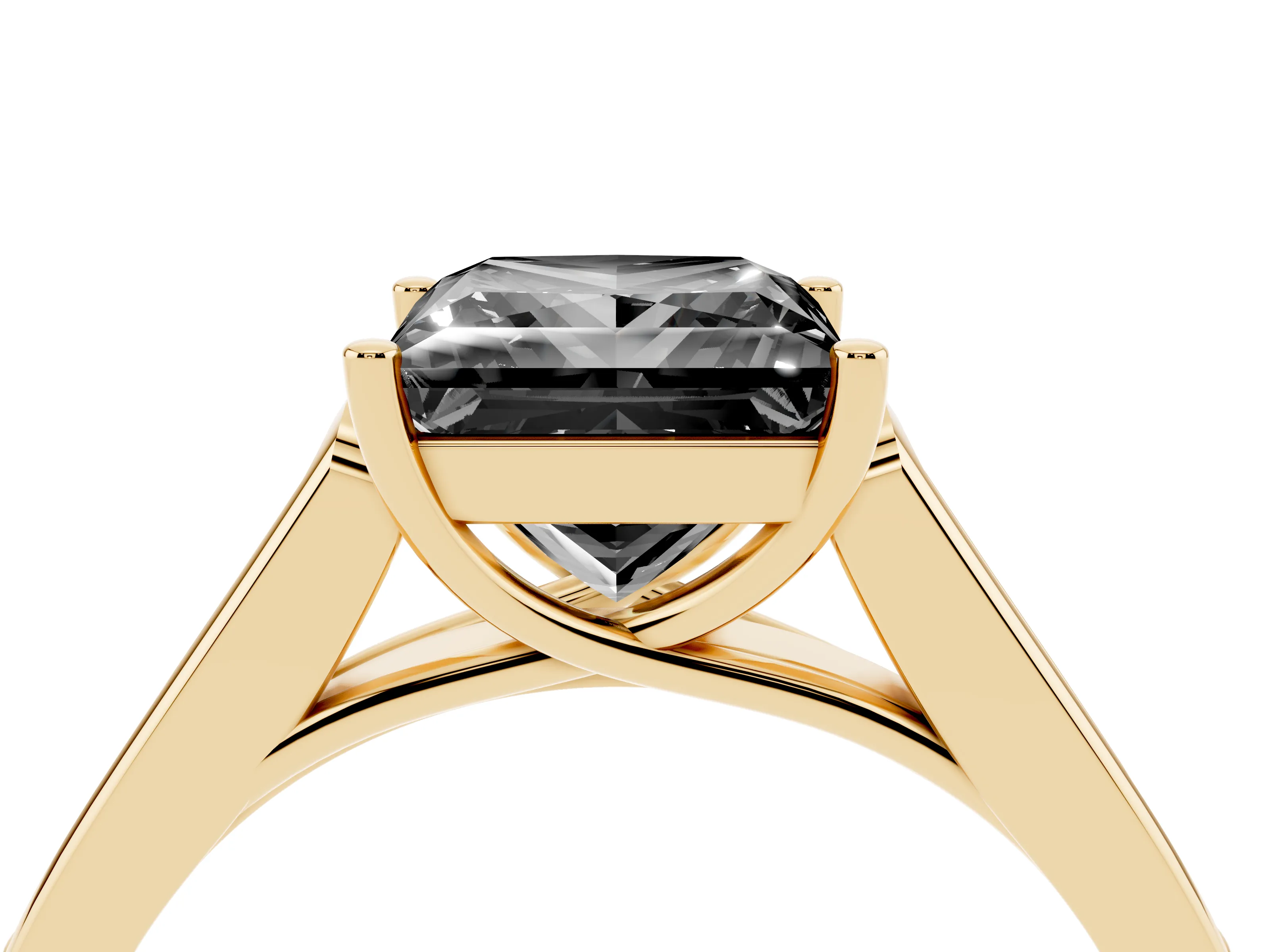 Fancy Black Princess Cut Diamond Solitaire Cathedral Engagement Ring Set in Yellow gold with Channel-Set Band and Prong Setting