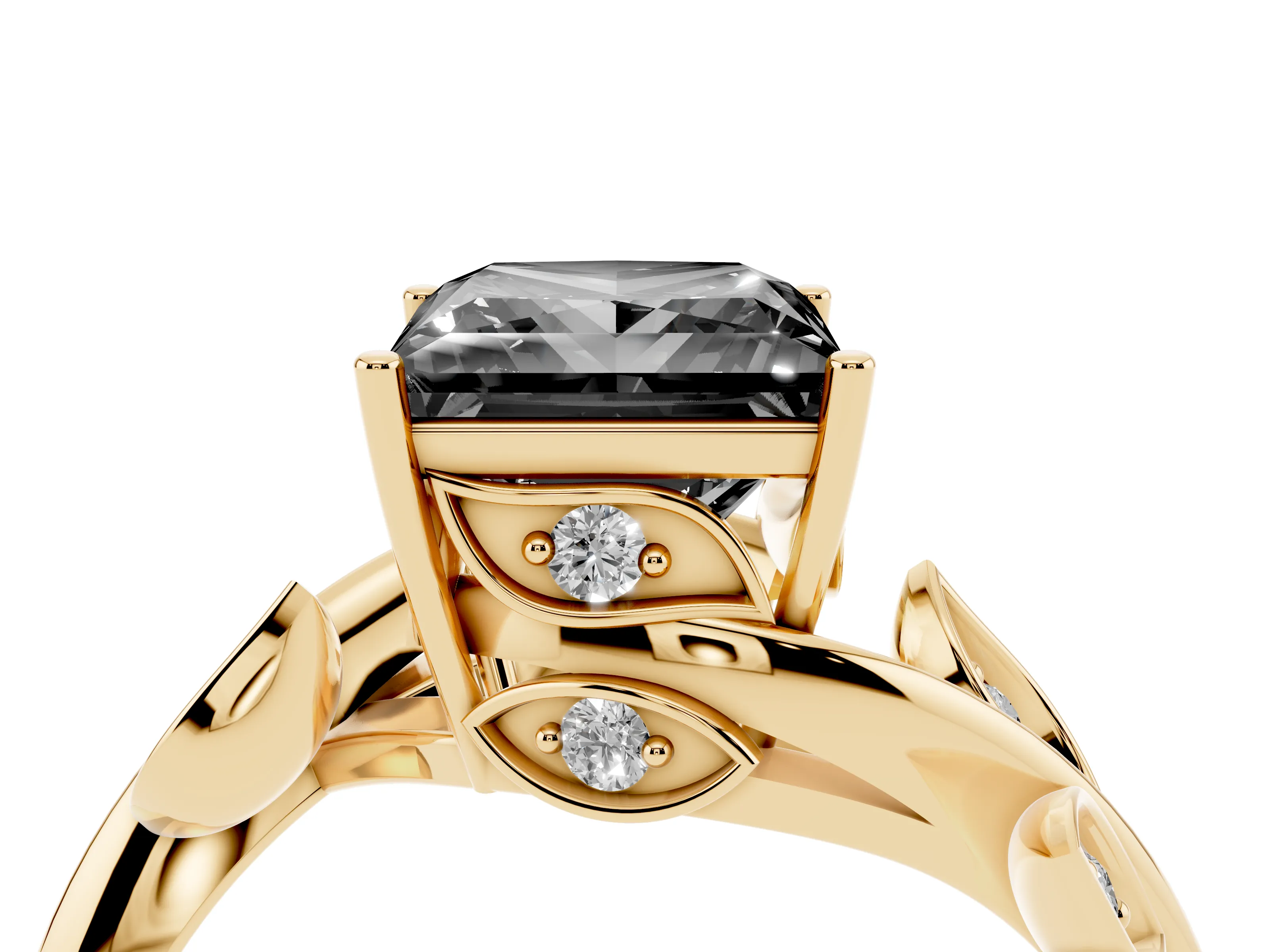 Fancy Black Princess Cut Diamond Solitaire Twist Engagement Ring Set in Yellow gold with Pavé Leaf Accents