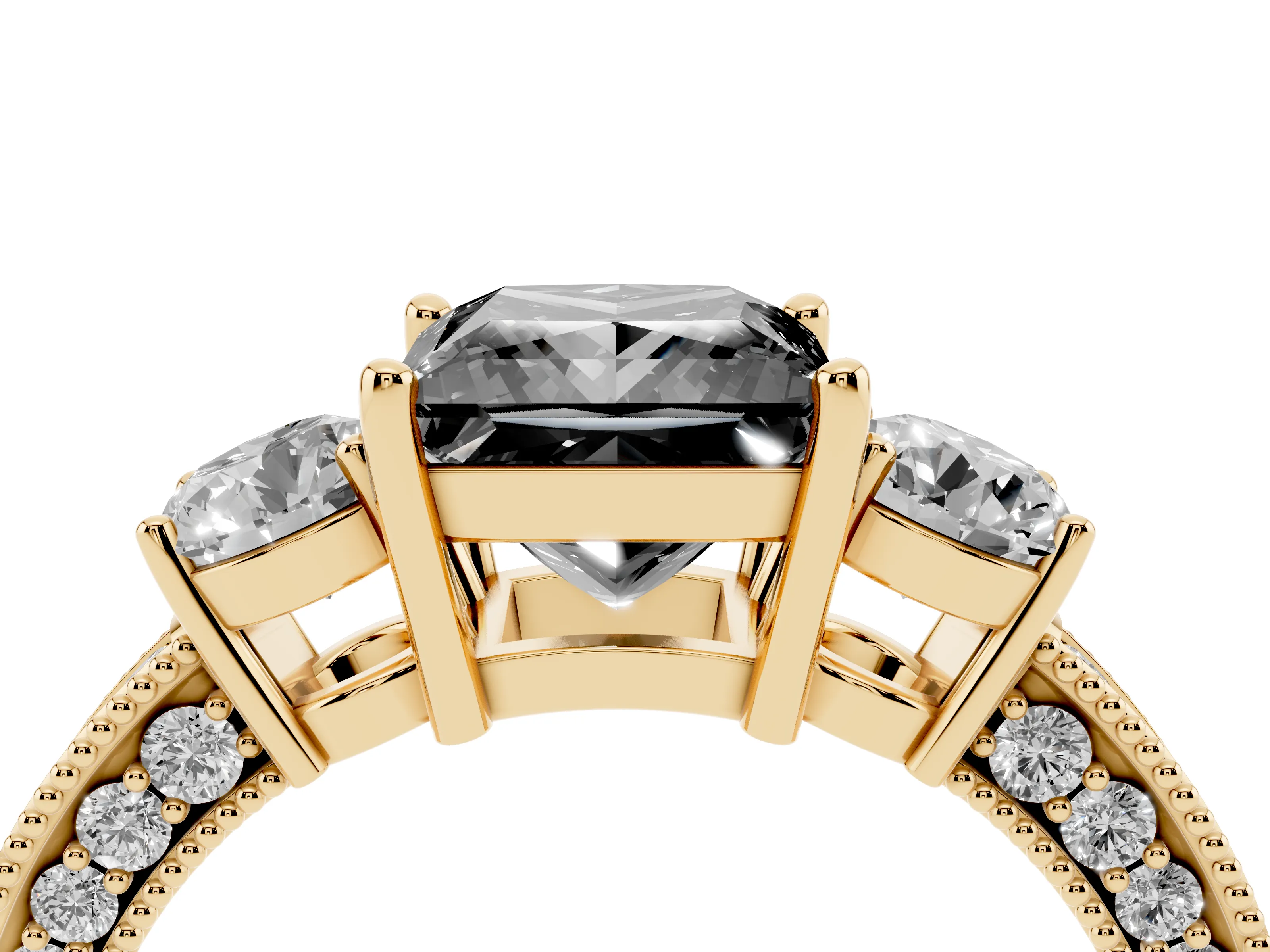 Fancy Black Princess Cut Diamond Three-Stone Ring Set in Yellow gold with Round Side Stones and Pavé Band
