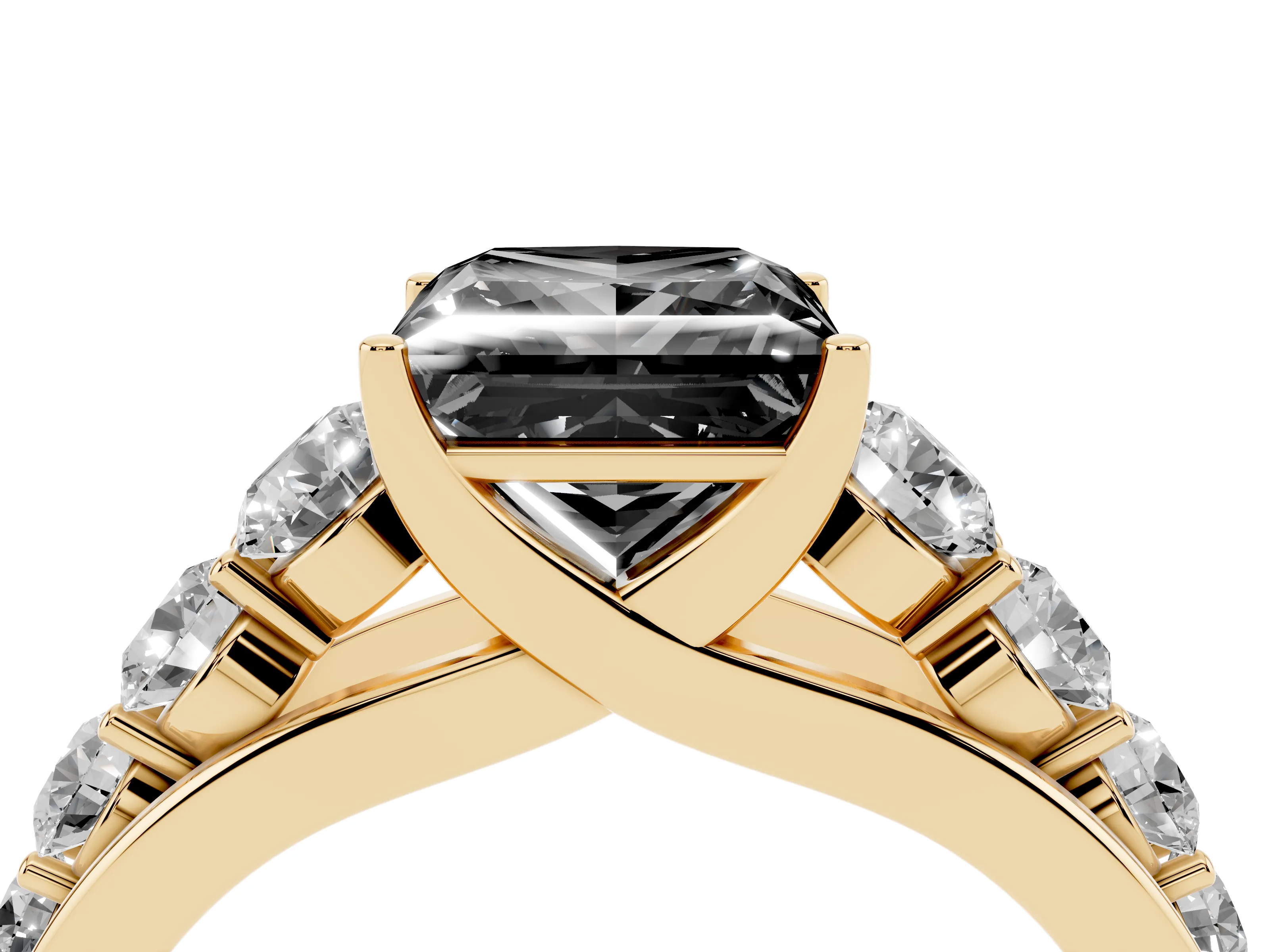 Fancy Black Princess Cut Diamond Solitaire Ring Set in Yellow gold with Pavé-Set Band and Prong Setting