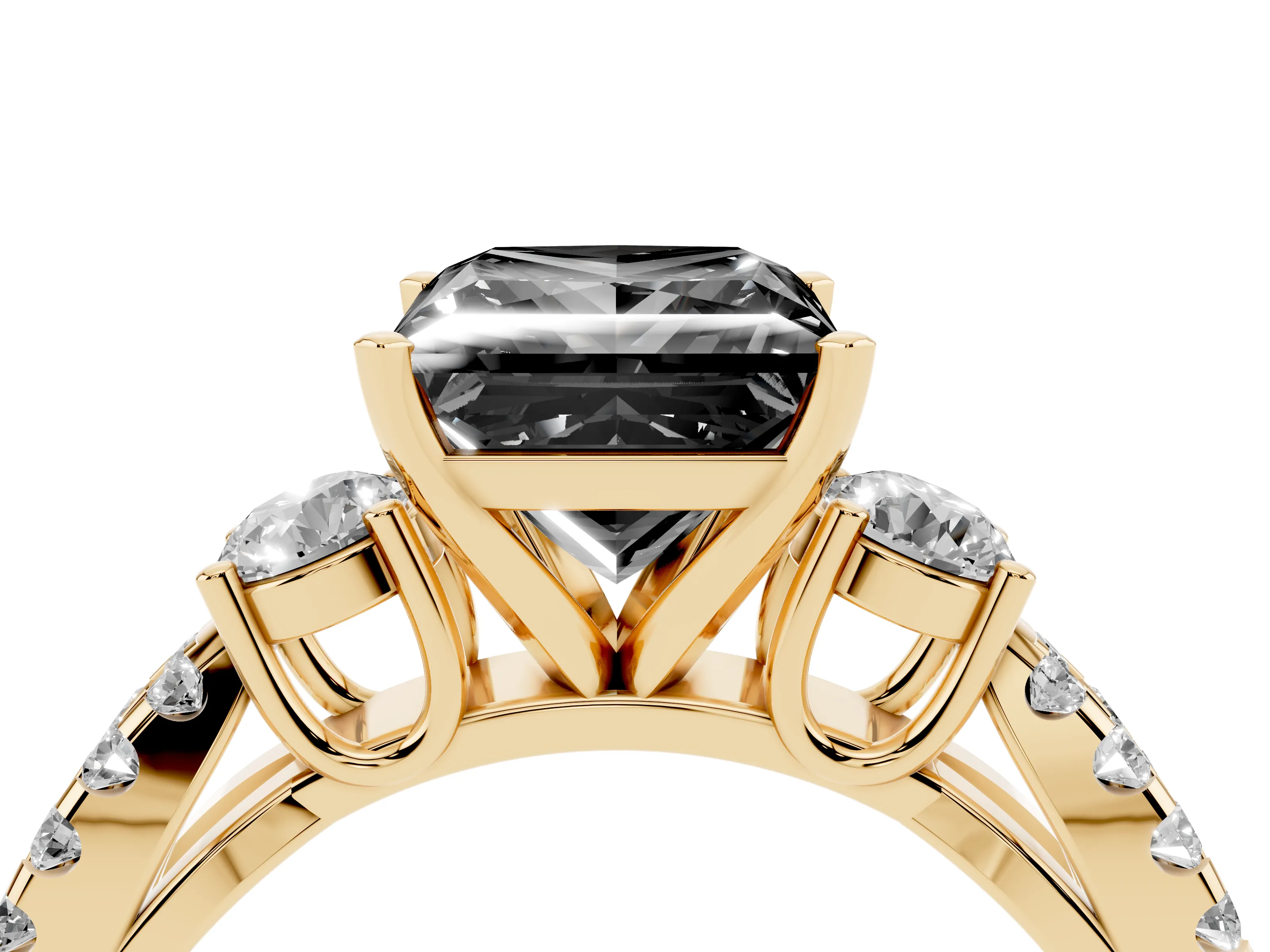 Fancy Black Princess Cut Diamond Three-Stone Ring Set in Yellow gold with Pavé Split Shank and Prong Setting