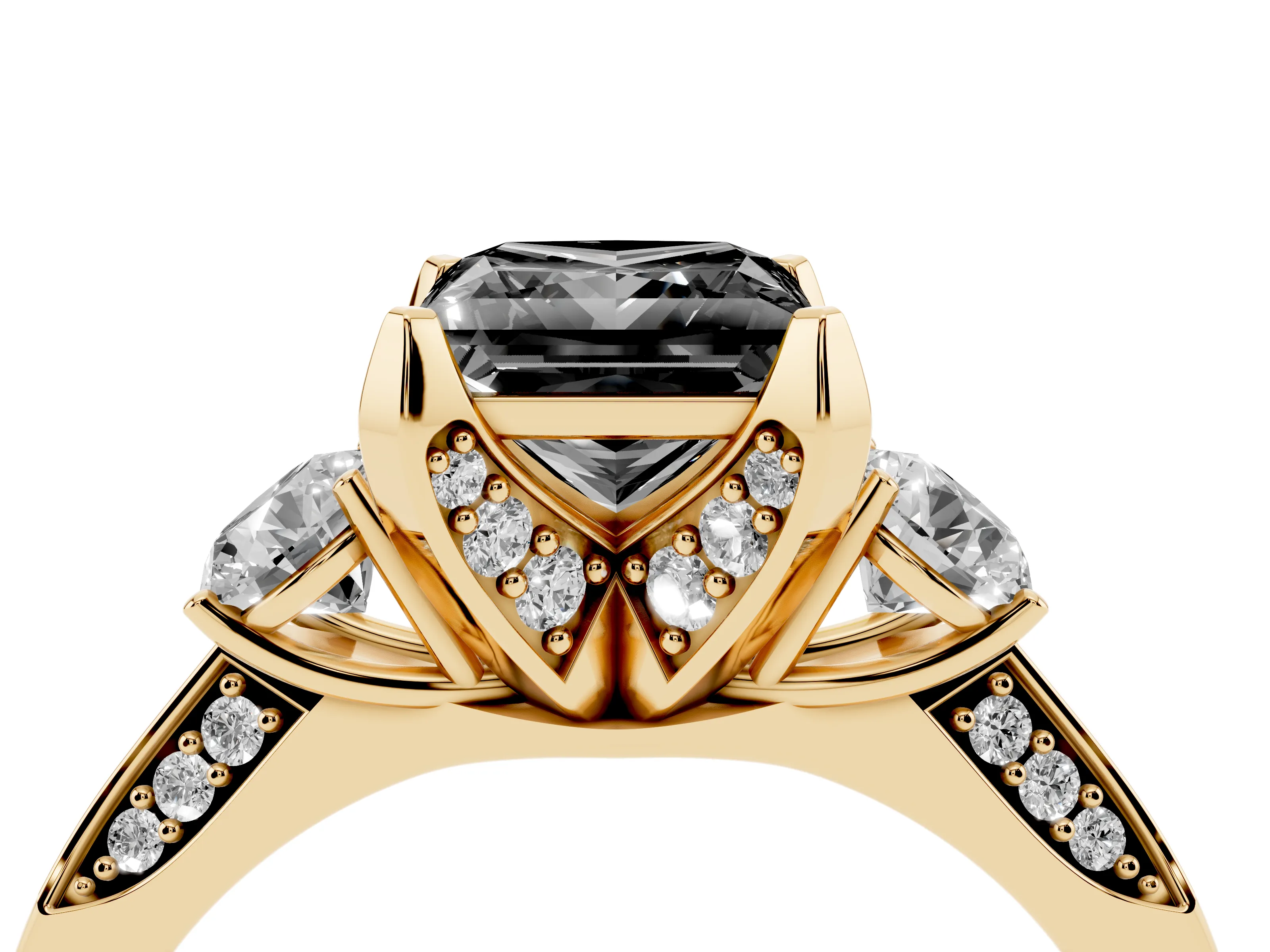 Fancy Black Princess Cut Diamond Three-Stone Ring Set in Yellow gold with Pavé Band and Smaller Side Stones