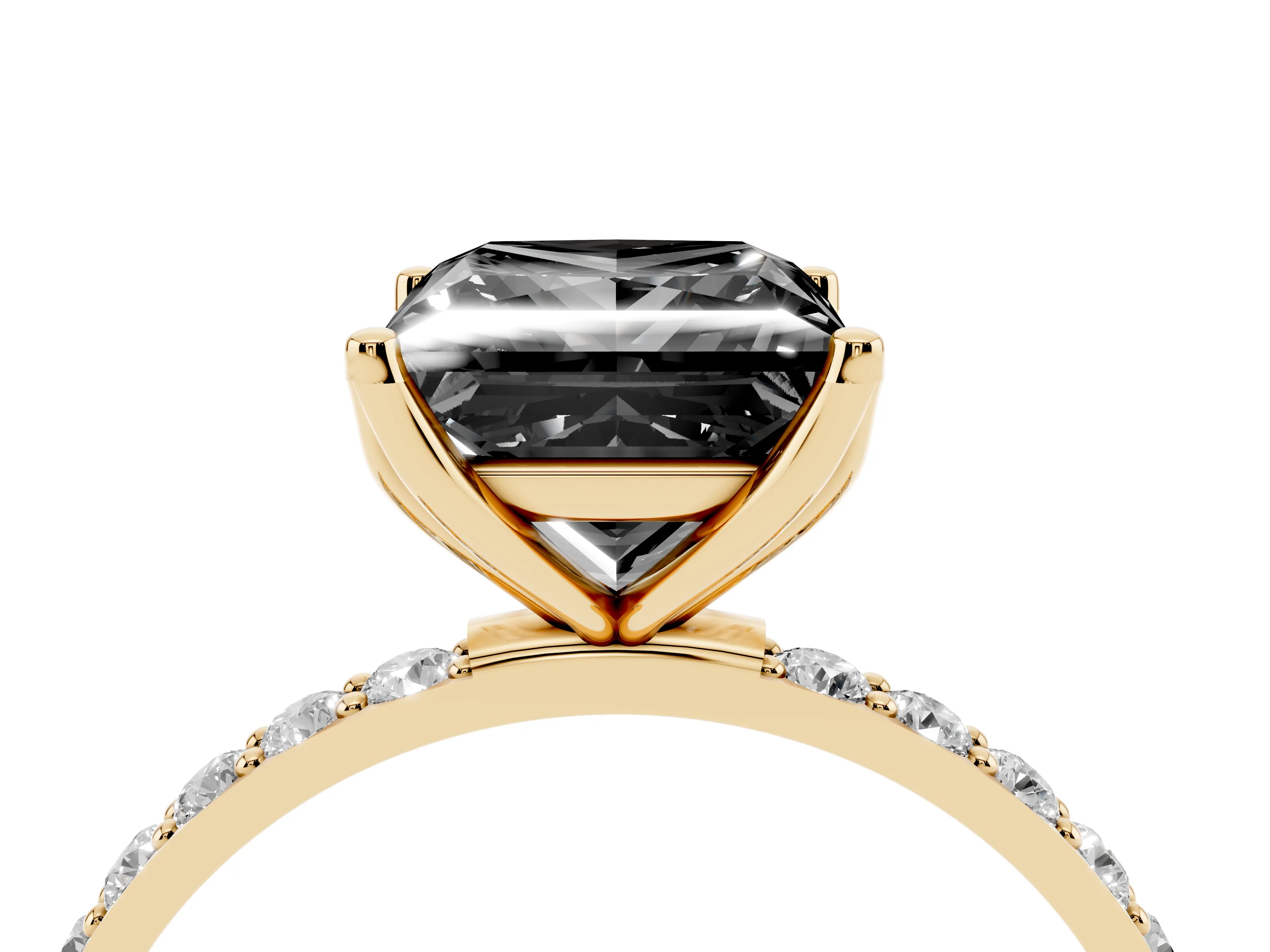 Fancy Black Princess Cut Diamond Solitaire Engagement Ring Set in Yellow gold with Round Pavé Band and Prong Setting