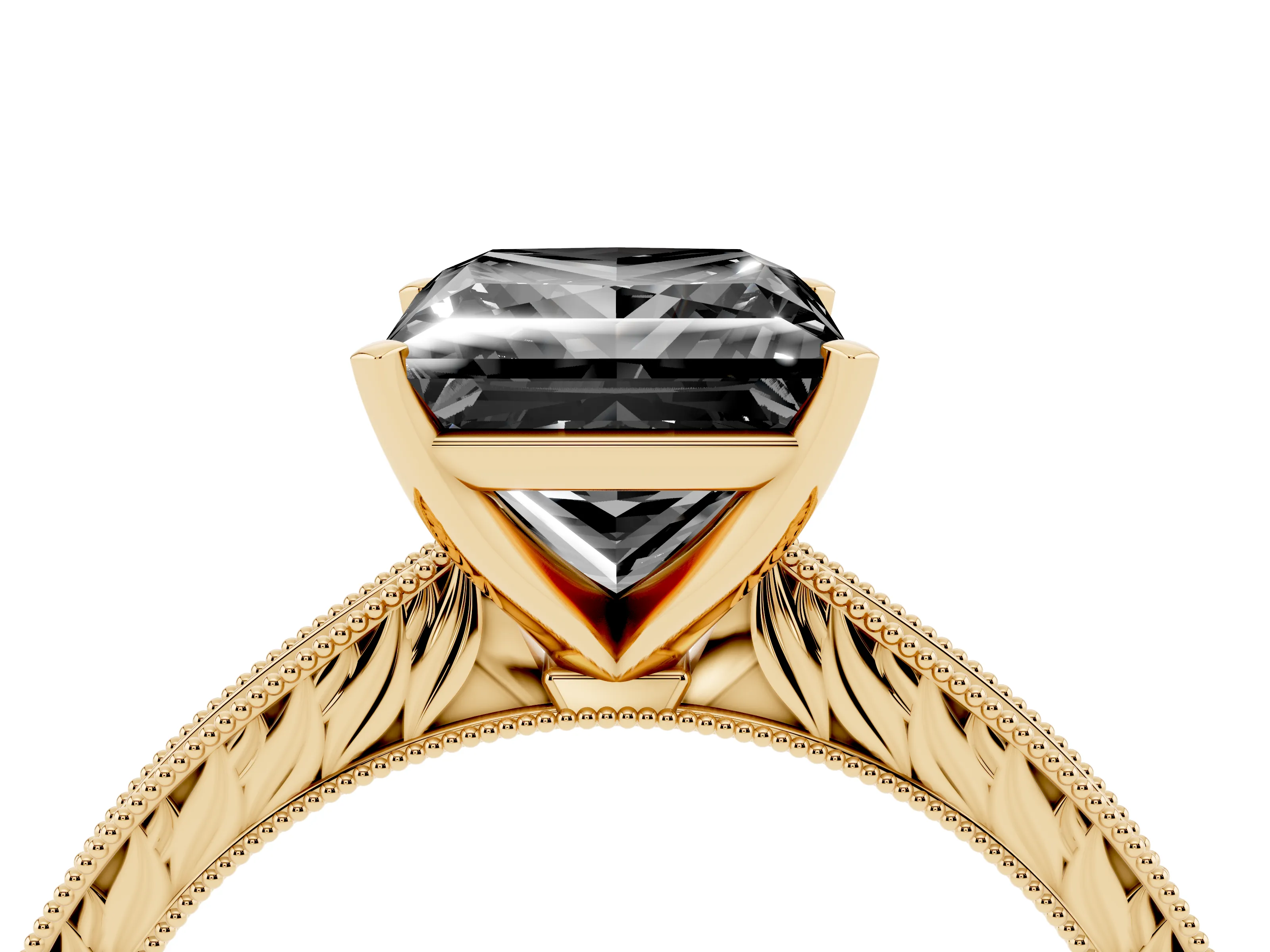 Fancy Black Princess Cut Diamond Solitaire Milgrain Engraved Band Set in Yellow gold with Prong Setting