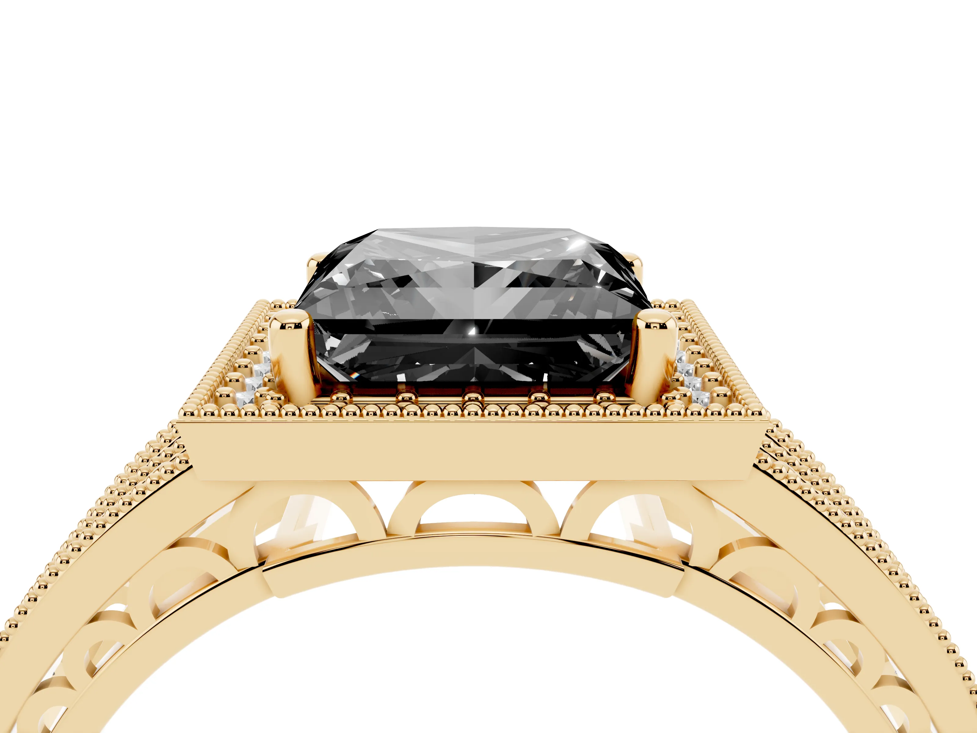 Fancy Black Princess Cut Diamond Halo Ring Set in Yellow gold with Accent Split Shank and Prong Setting