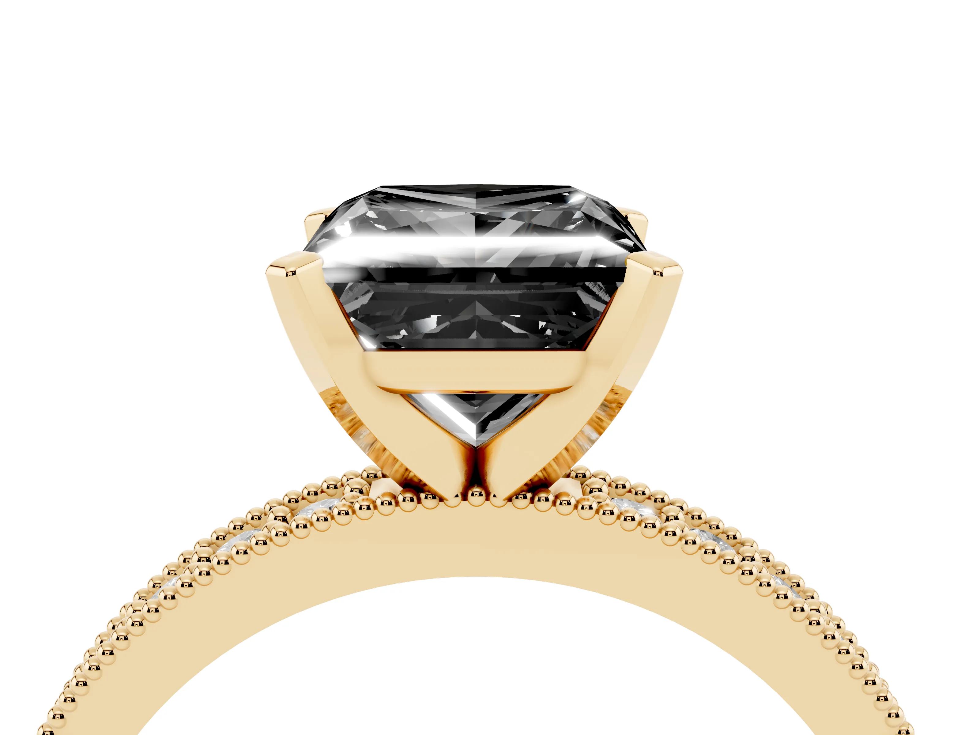 Fancy Black Princess Cut Diamond Milgrain Pavé Engagement Ring Set in Yellow gold with Prong Setting