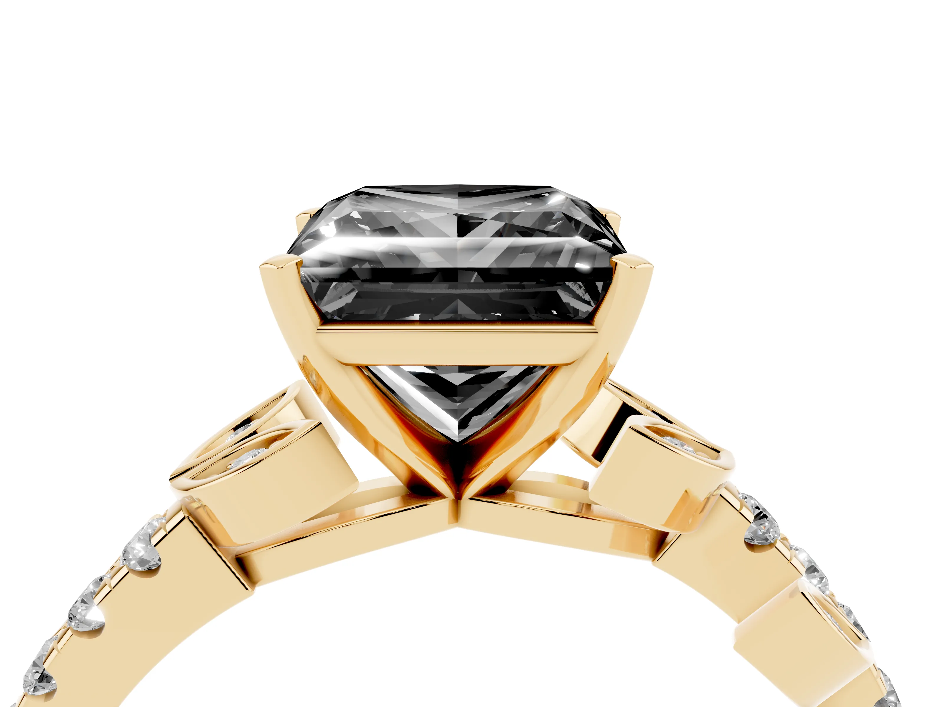 Fancy Black Princess Cut Diamond Solitaire Leaf-Inspired Ring Set in Yellow gold with Pavé Band and Prong Setting