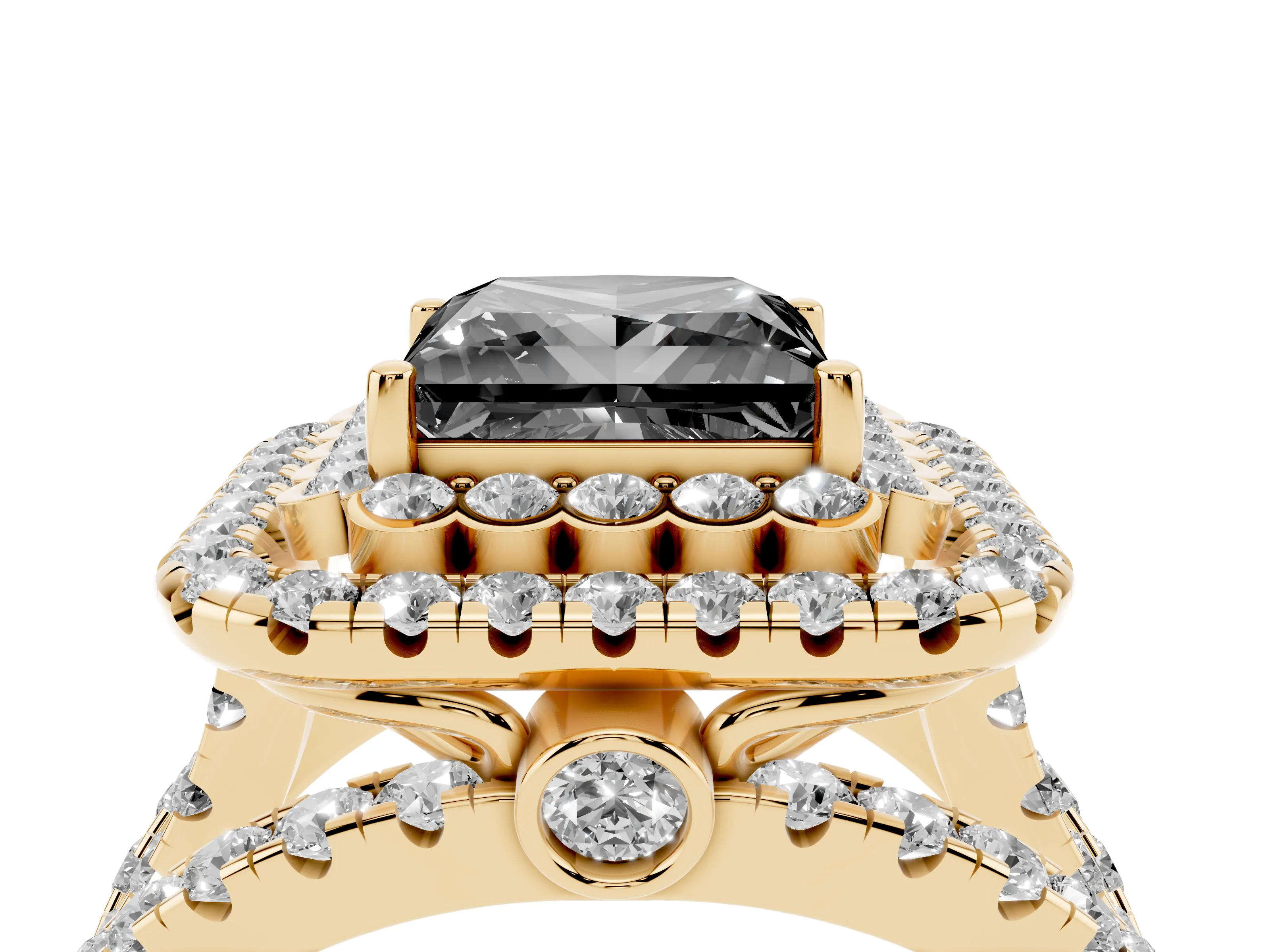 Fancy Black Princess Cut Diamond Double Halo Ring Set in Yellow gold with Round Pavé Split Shank