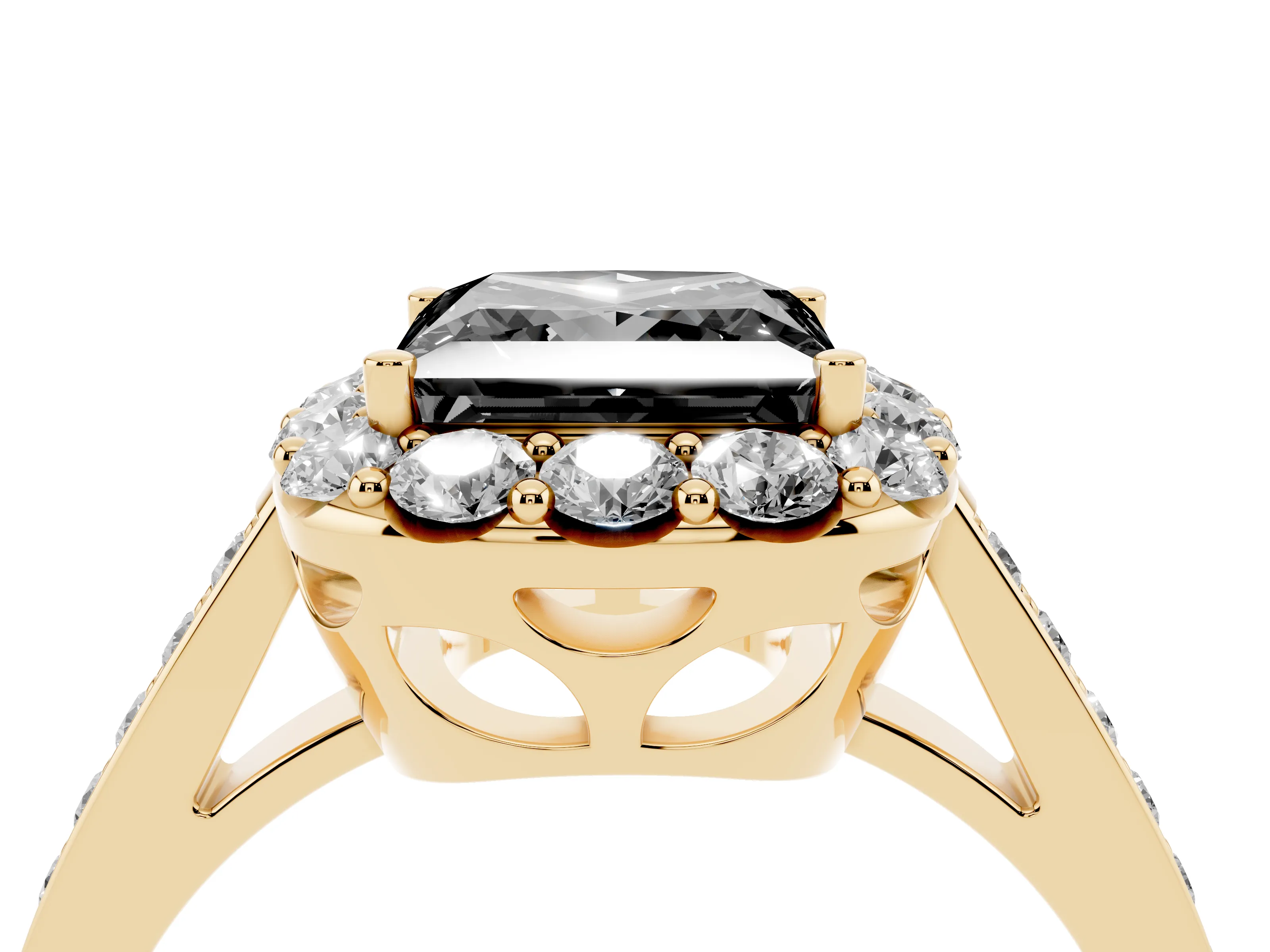 Fancy Black Princess Cut Diamond Floral Halo Ring Set in Yellow gold with Pavé Band and Prong Setting