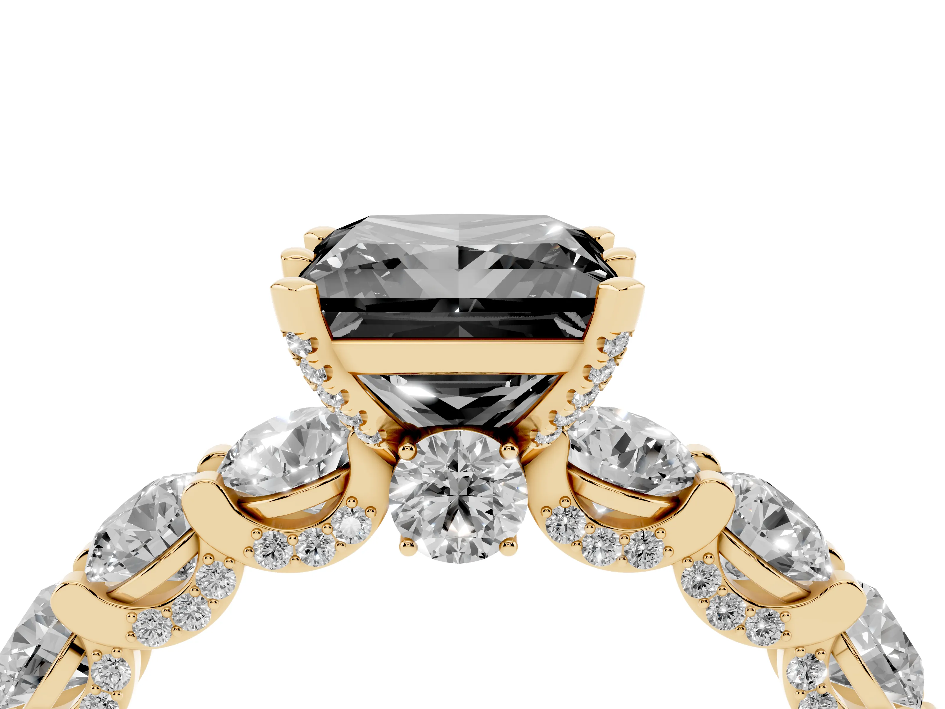 Fancy Black Princess Cut Diamond Side Stone Ring Set in Yellow gold with Alternating Round and Oval Side Stones
