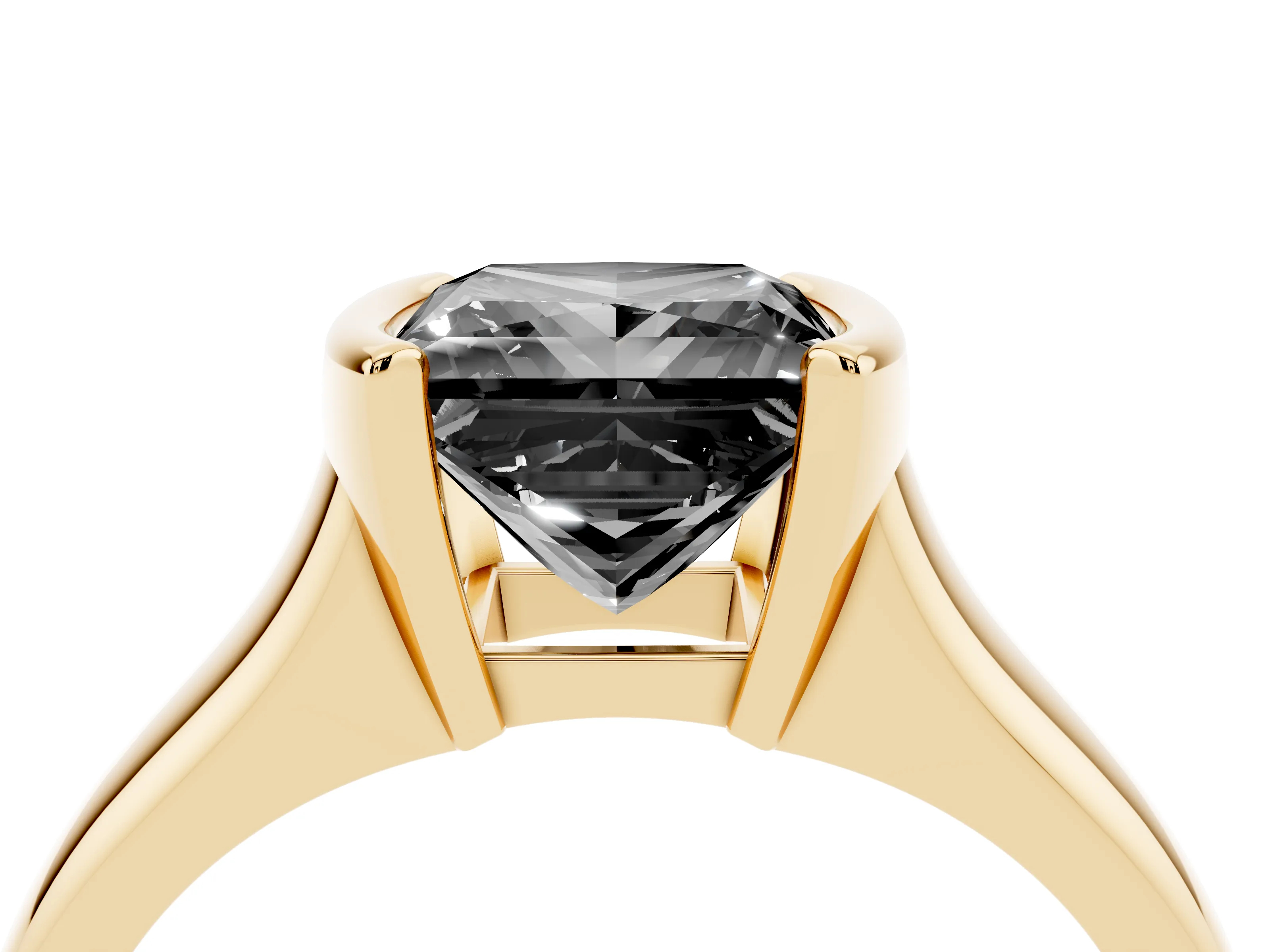 Fancy Black Princess Cut Diamond Solitaire Tension Set Ring Set in Yellow gold with Split Shank Band