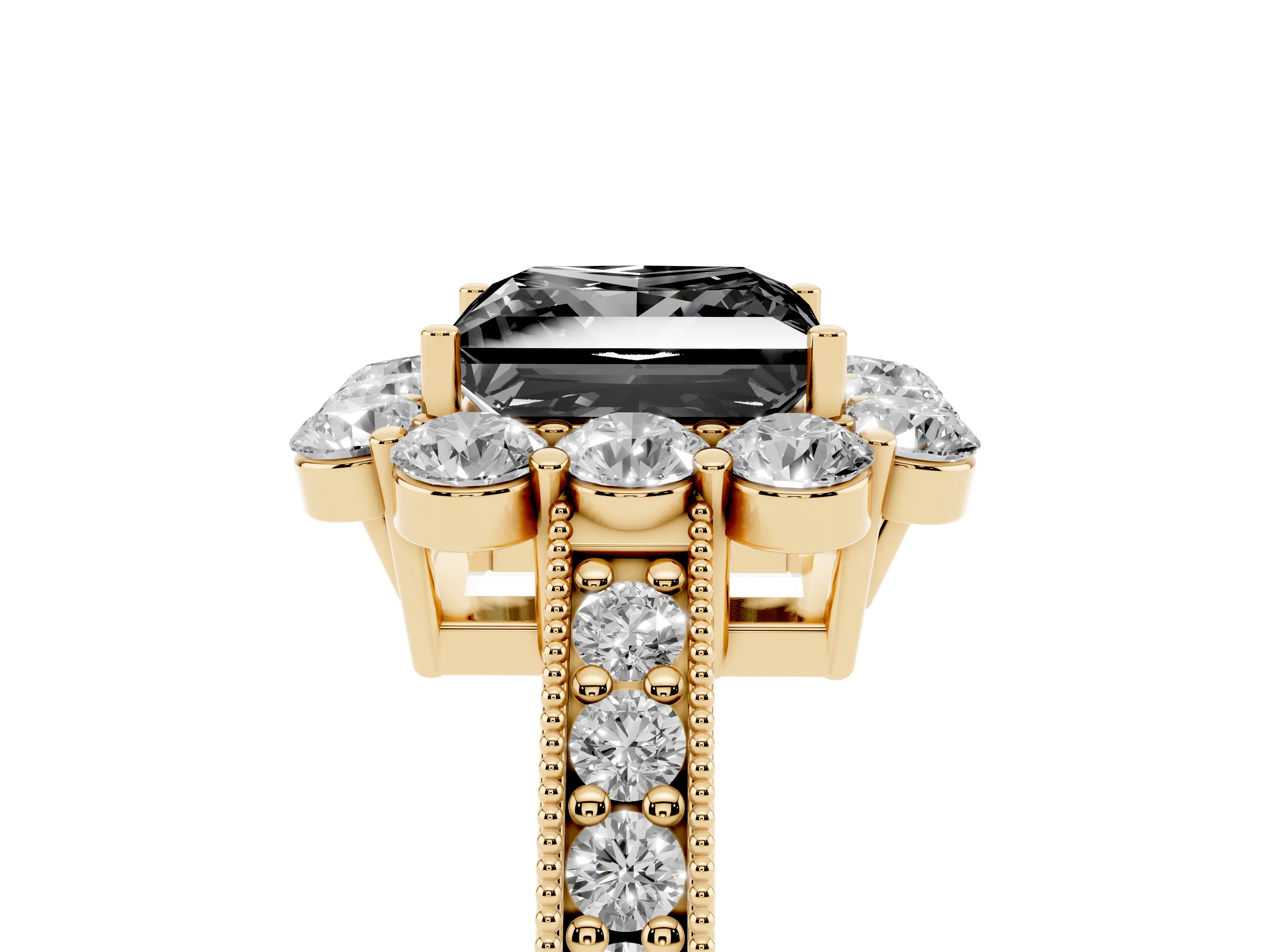 Fancy Black Princess Cut Diamond Halo Pavé Engagement Ring Set in Yellow gold with Milgrain Detailing