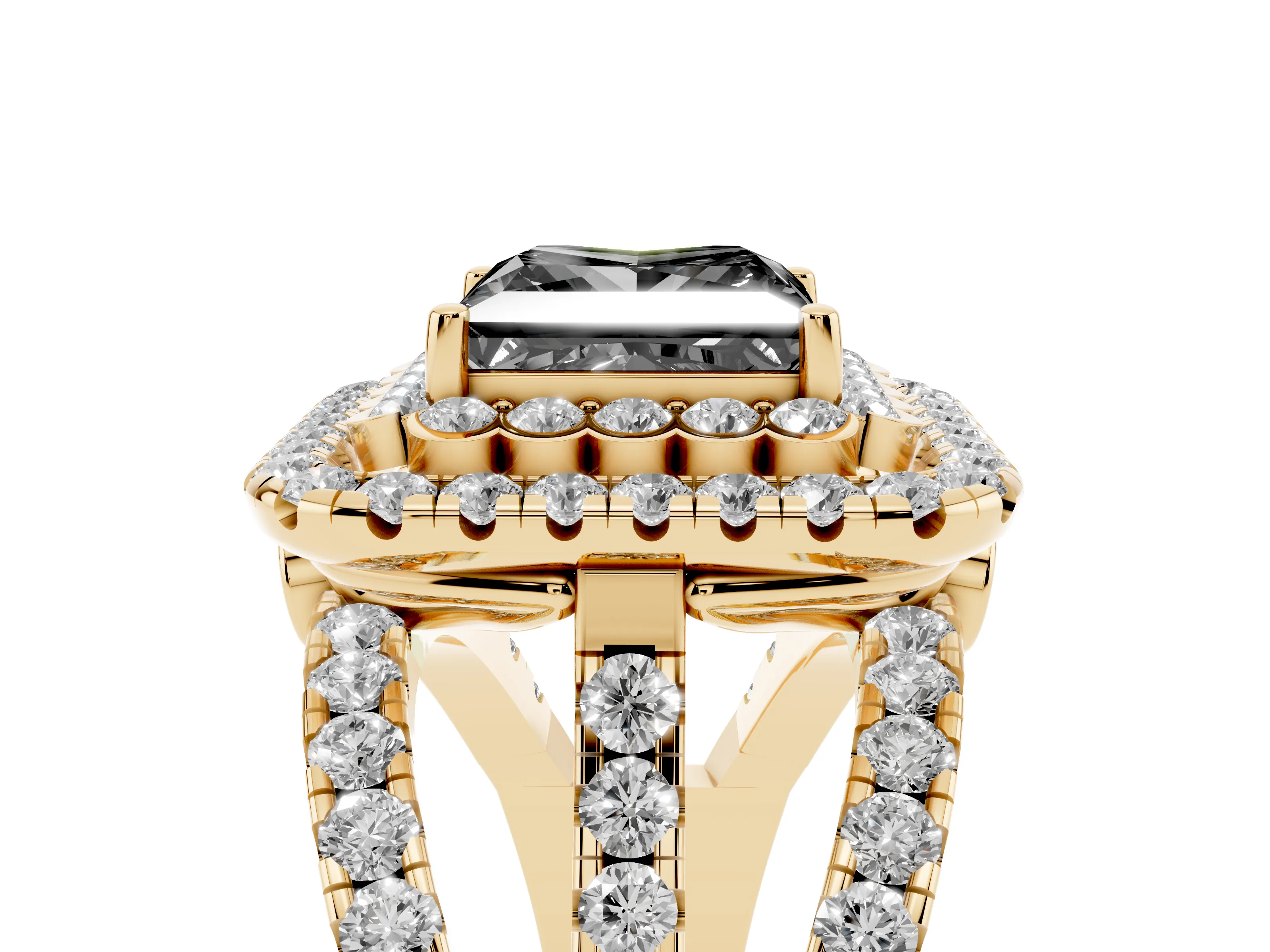 Fancy Black Princess Cut Diamond Double Halo Ring Set in Yellow gold with Round Pavé Split Shank