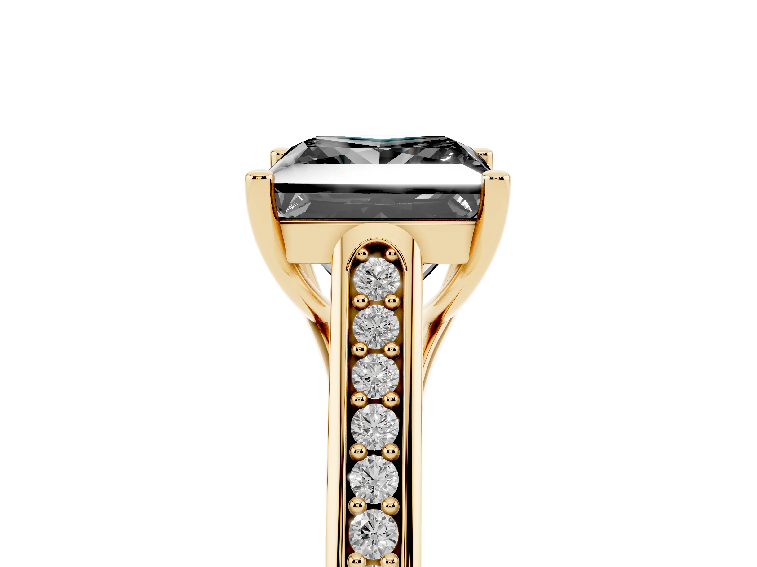 Fancy Black Princess Cut Diamond Solitaire Cathedral Engagement Ring Set in Yellow gold with Channel-Set Band and Prong Setting
