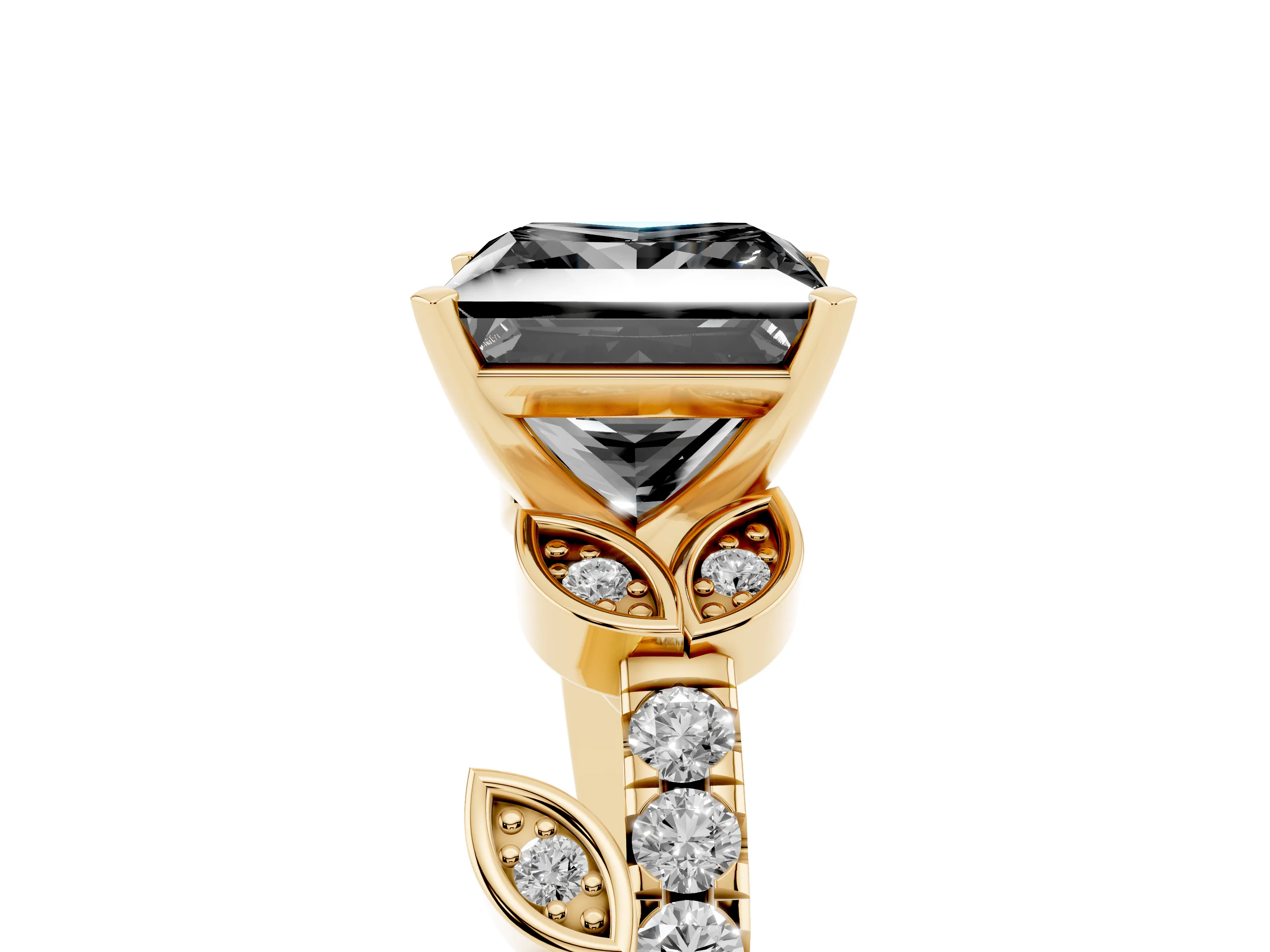 Fancy Black Princess Cut Diamond Solitaire Leaf-Inspired Ring Set in Yellow gold with Pavé Band and Prong Setting