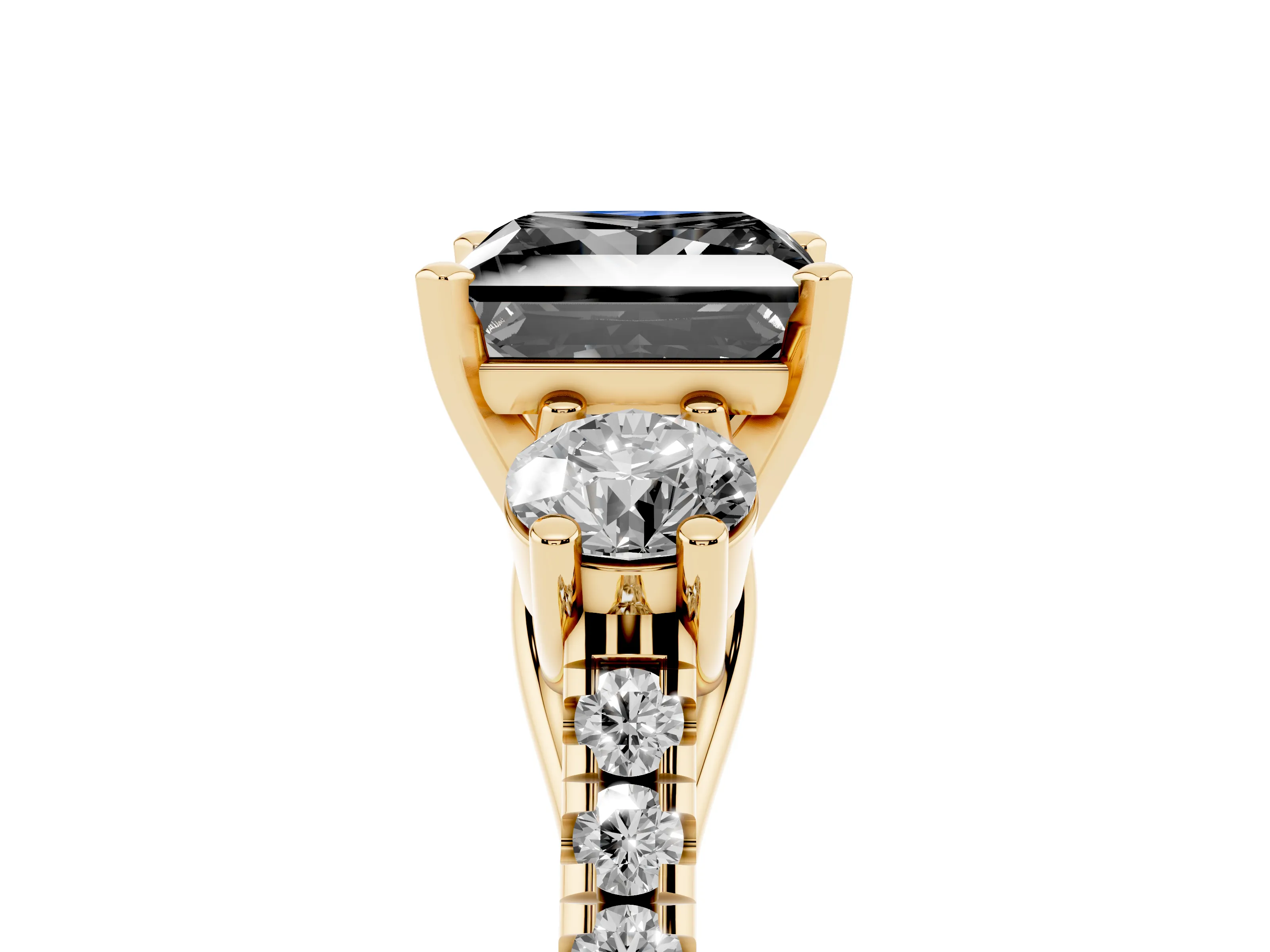 Fancy Black Three-Stone Princess Cut Diamond Pavé Band Ring Set in Yellow gold with Prong-Set Trio