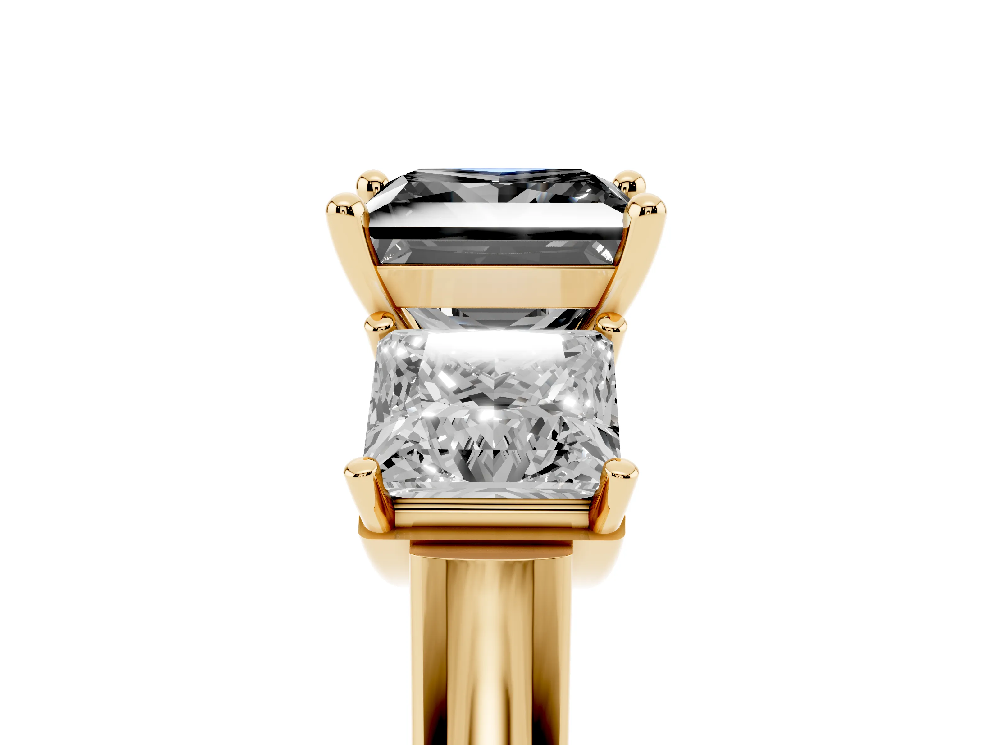 Fancy Black Princess Cut Diamond Three-Stone Trellis Ring Set in Yellow gold with Comfort Fit Band