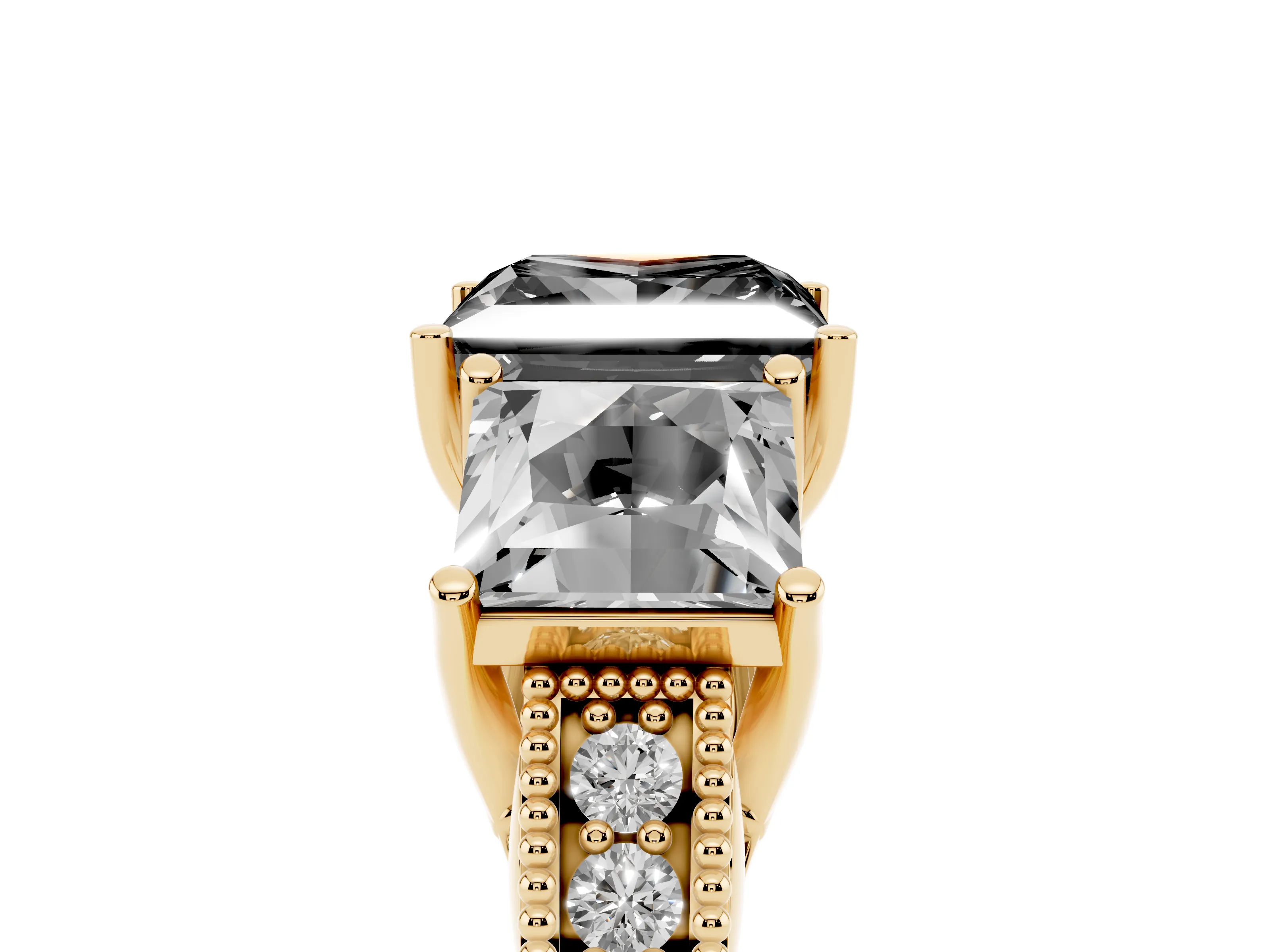 Fancy Black Princess Cut Diamond Three-Stone Engagement Ring Set in Yellow gold with Milgrain Pavé Band