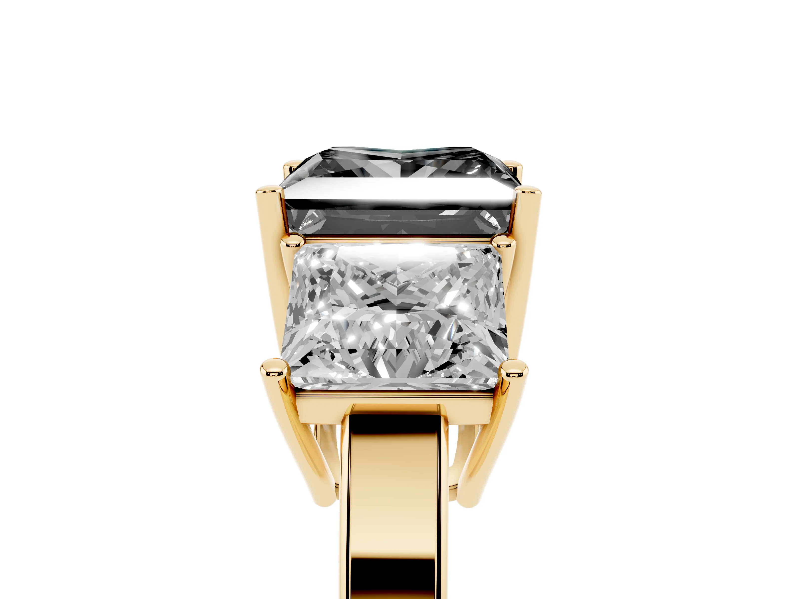 Fancy Black Princess Cut Diamond Three-Stone Engagement Ring Set in Yellow gold with Flat Band