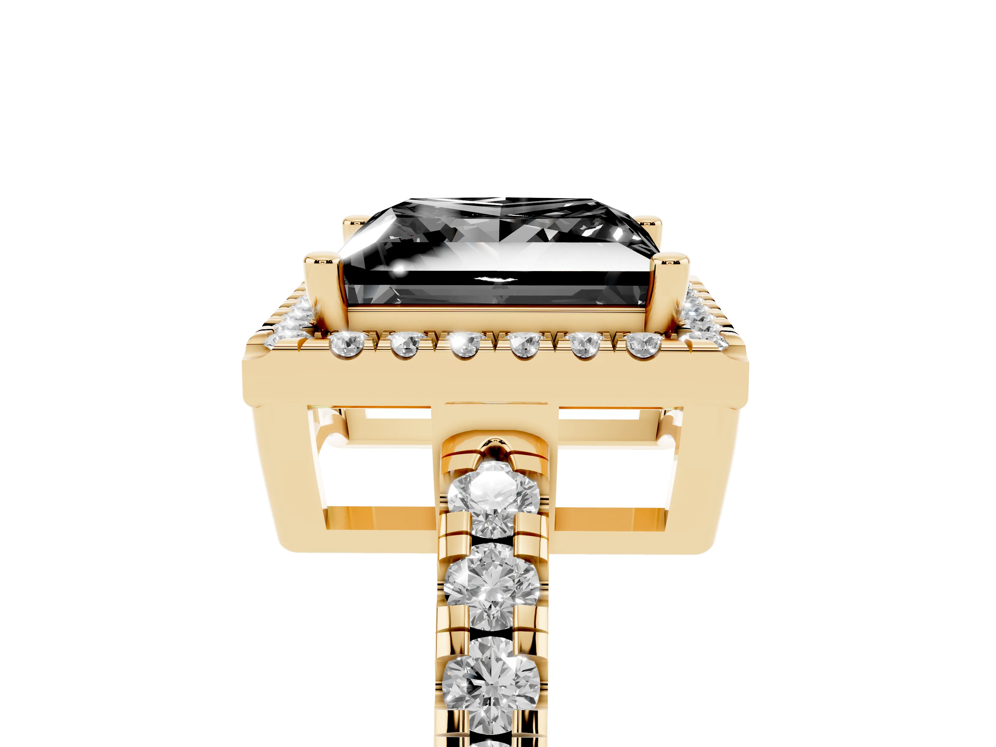 Fancy Black Princess Cut Diamond Halo Ring Set in Yellow gold with Delicate Pavé Band and Prong Setting