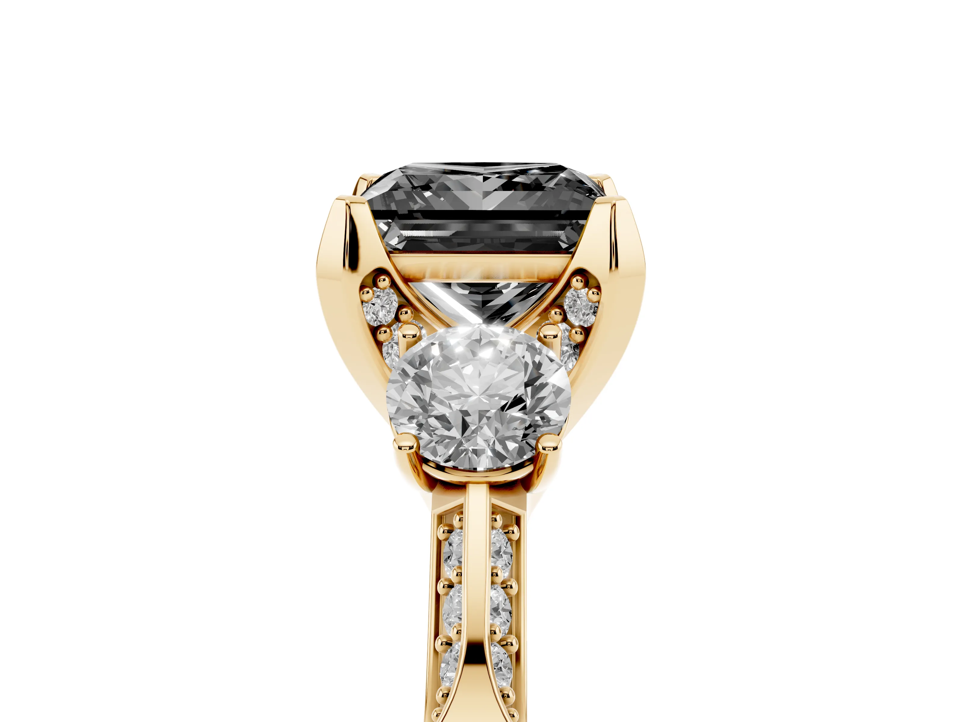 Fancy Black Princess Cut Diamond Three-Stone Ring Set in Yellow gold with Pavé Band and Smaller Side Stones