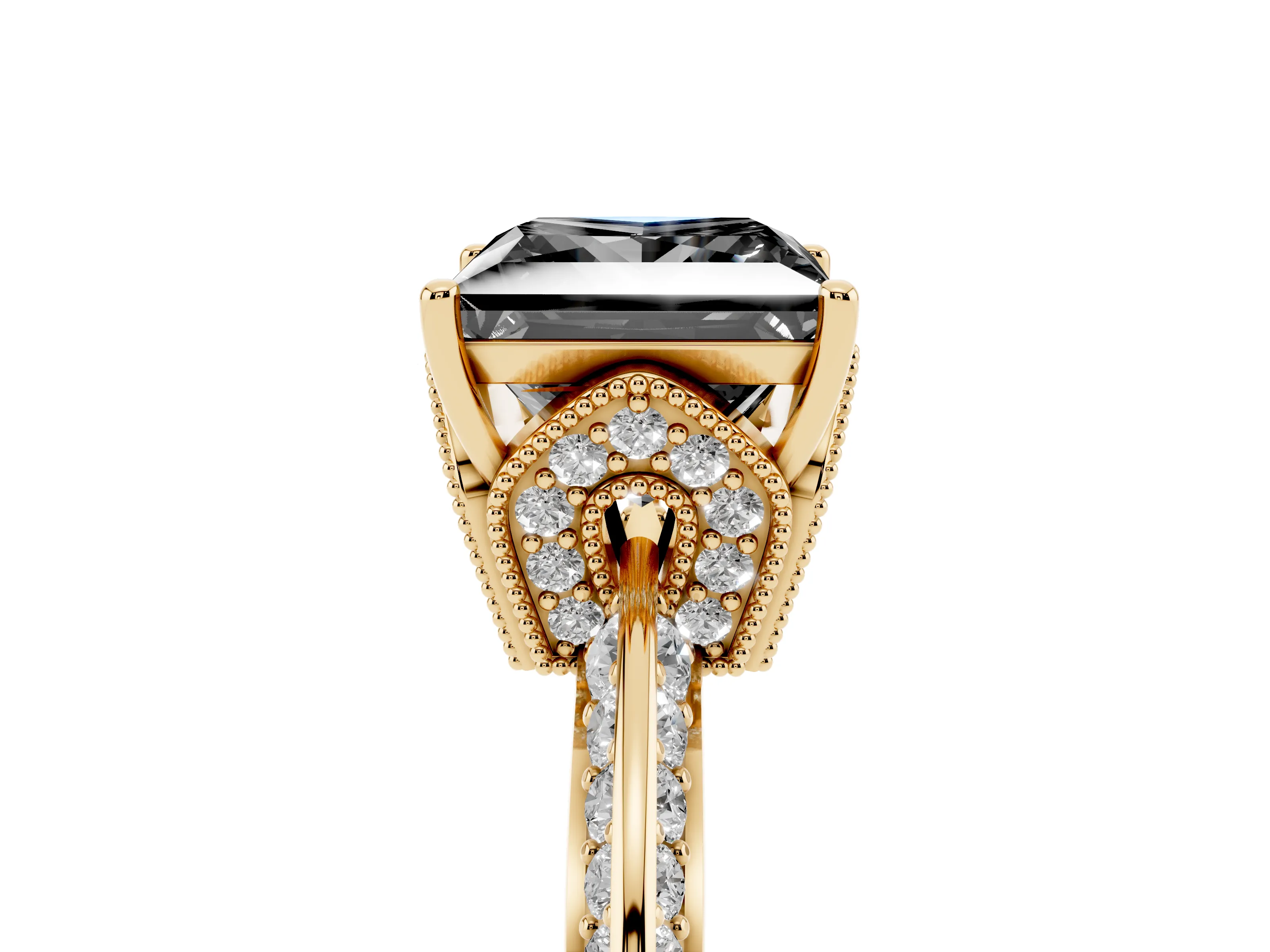 Fancy Black Princess Cut Diamond Solitaire Engagement Ring Set in Yellow gold with Pavé Split Shank and Prong Setting