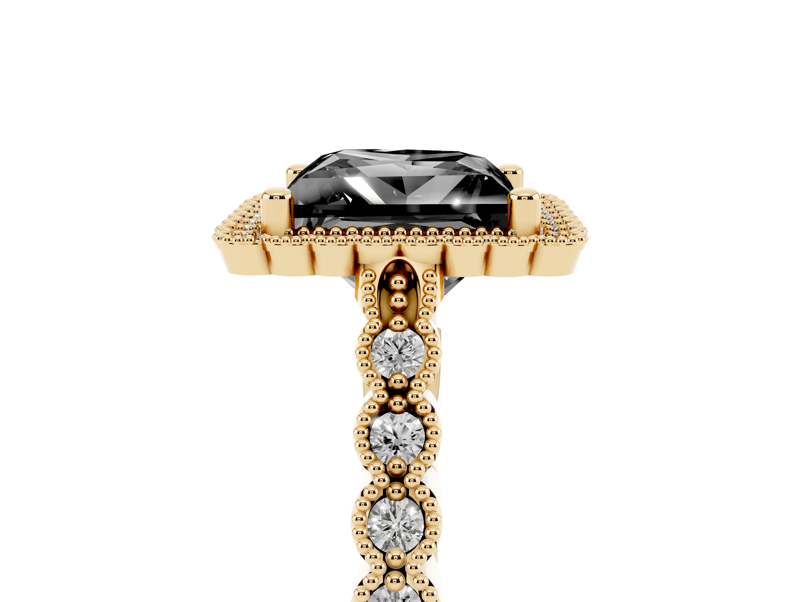 Fancy Black Princess Cut Diamond Halo Ring Set in Yellow gold with Pavé Milgrain Band