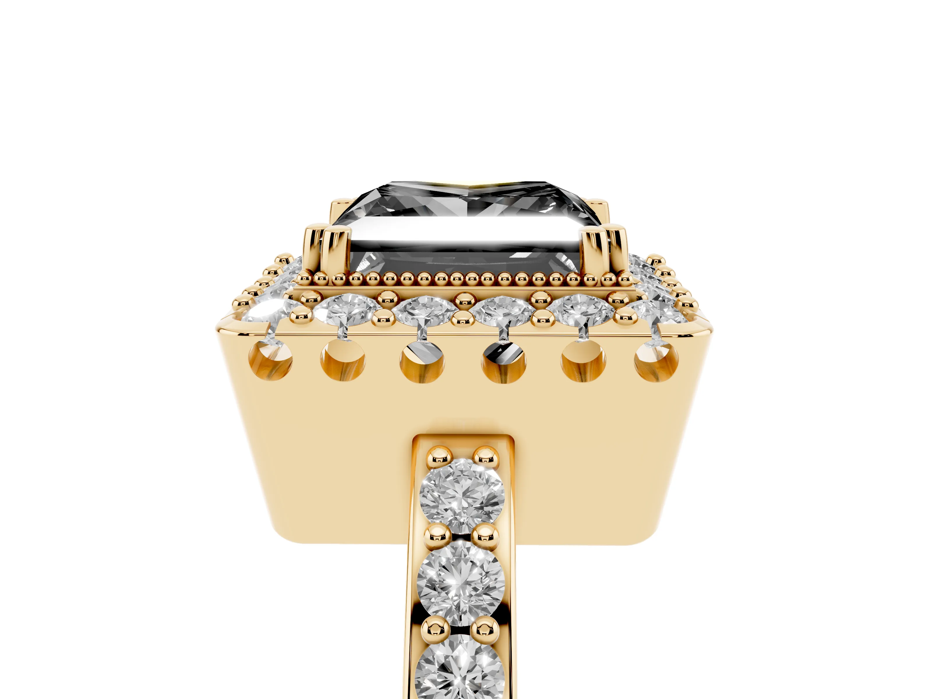 Fancy Black Princess Cut Diamond Halo Ring Set in Yellow gold with Pavé Shank and Prong Setting
