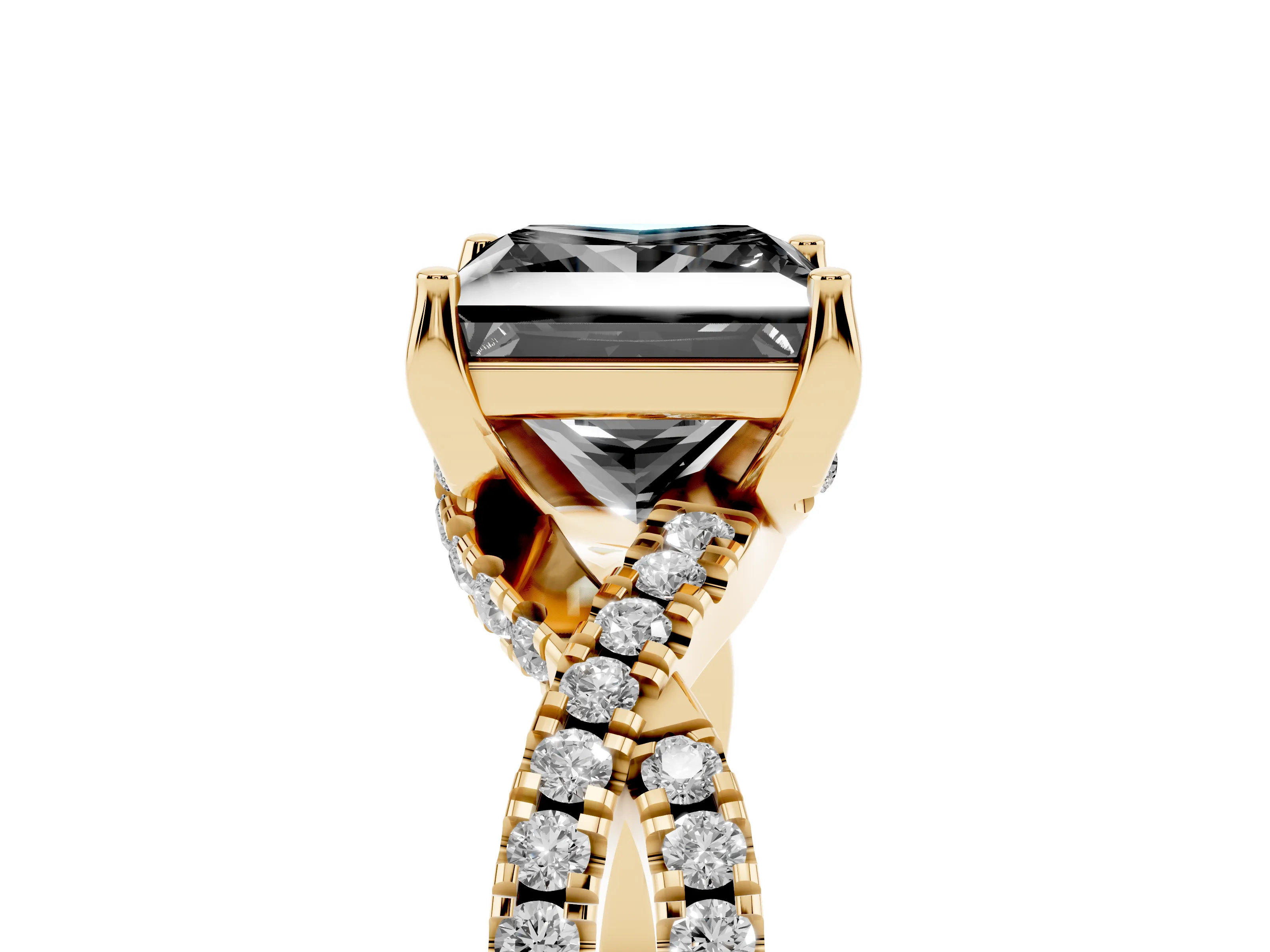 Fancy Black Princess Cut Diamond Twist Pavé Solitaire Engagement Ring Set in Yellow gold with Prong Setting