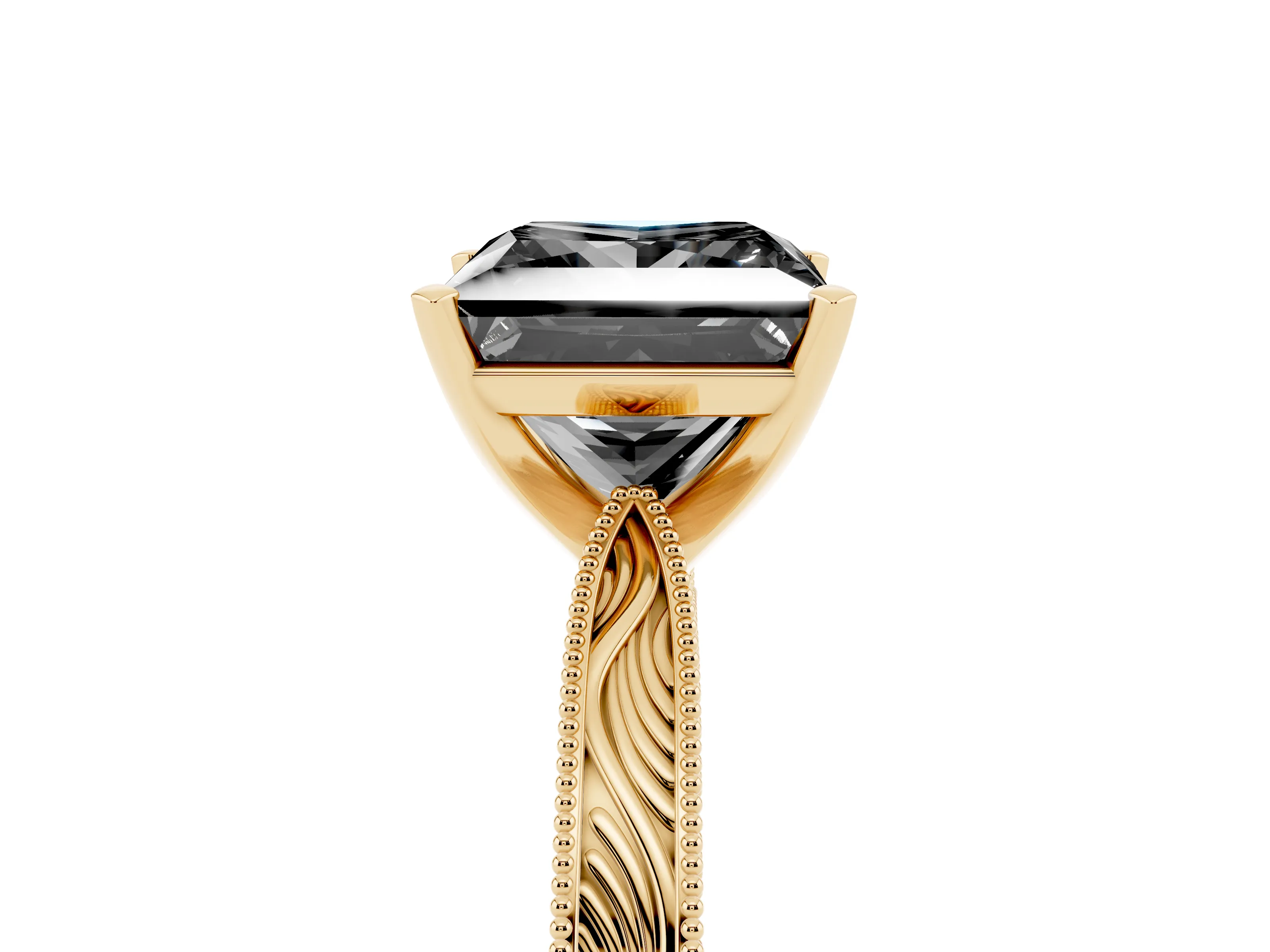 Fancy Black Princess Cut Diamond Solitaire Milgrain Engraved Band Set in Yellow gold with Prong Setting