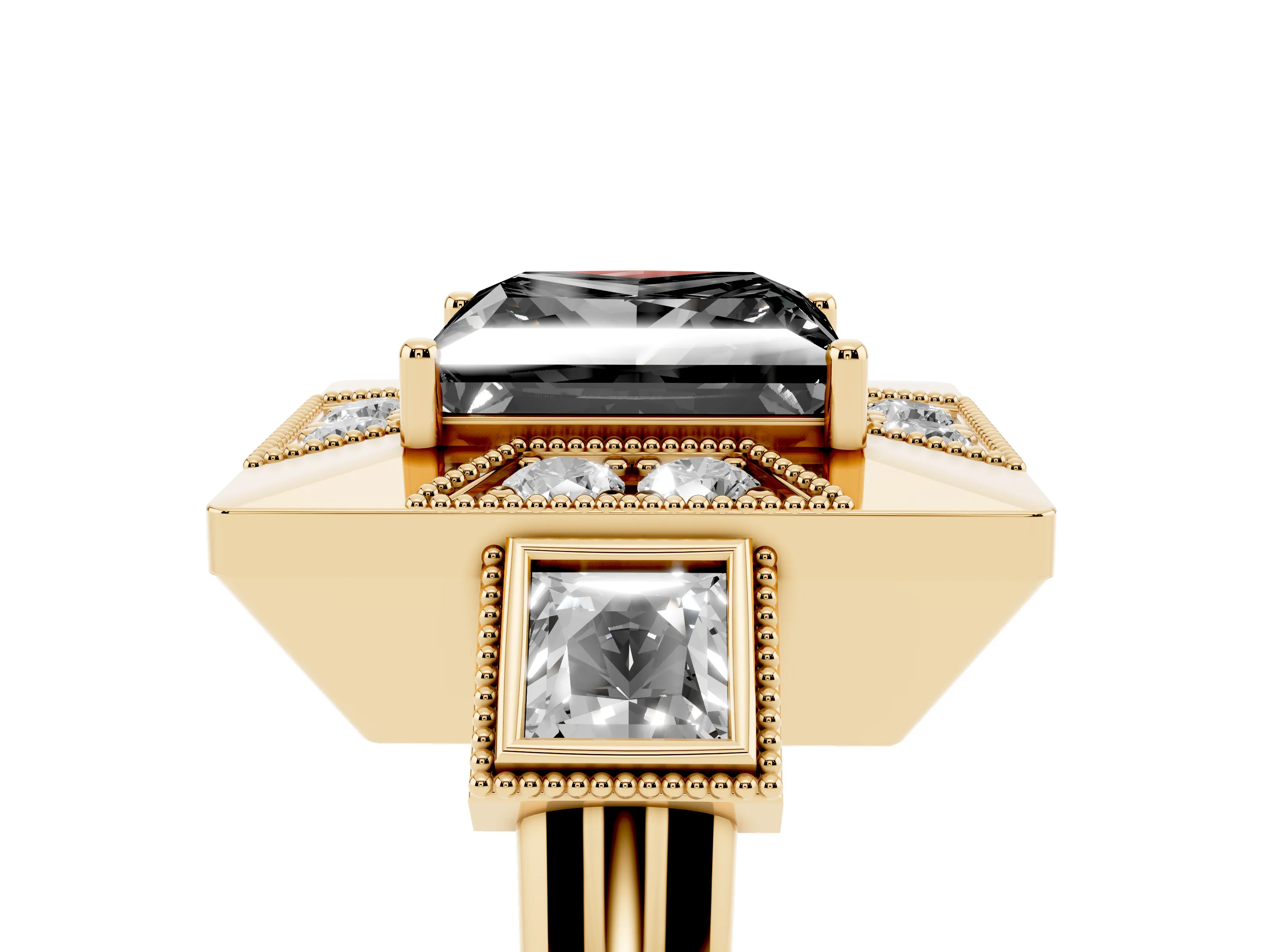 Fancy Black Princess Cut Diamond Milgrain Halo Ring Set in Yellow gold with Split Shank