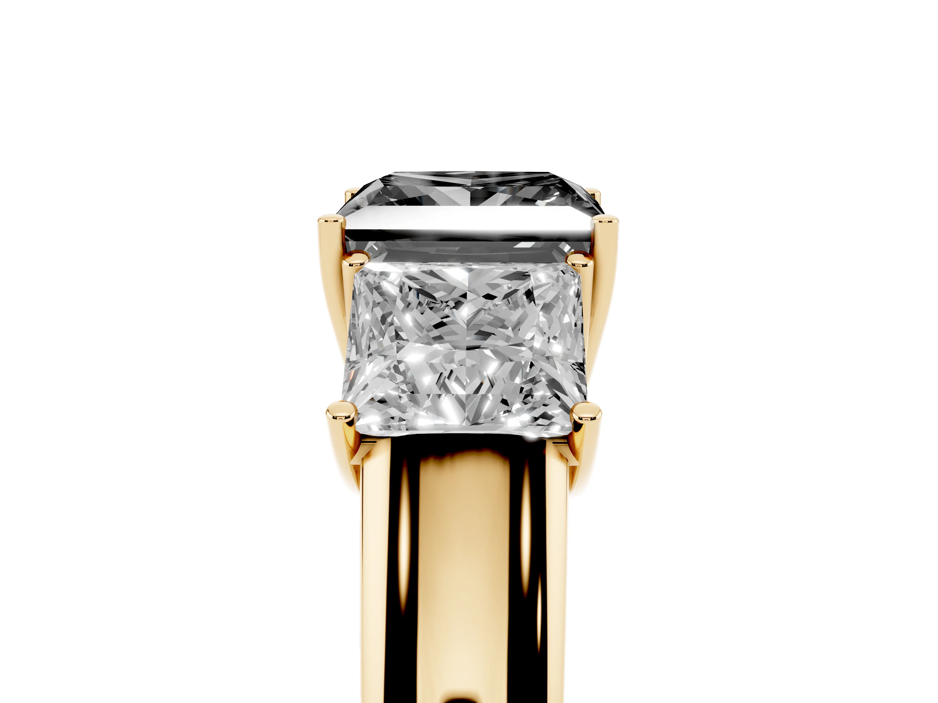 Fancy Black Three-Stone Princess Cut Diamond Ring Set in Yellow gold with Matching Prong Settings and Plain Band