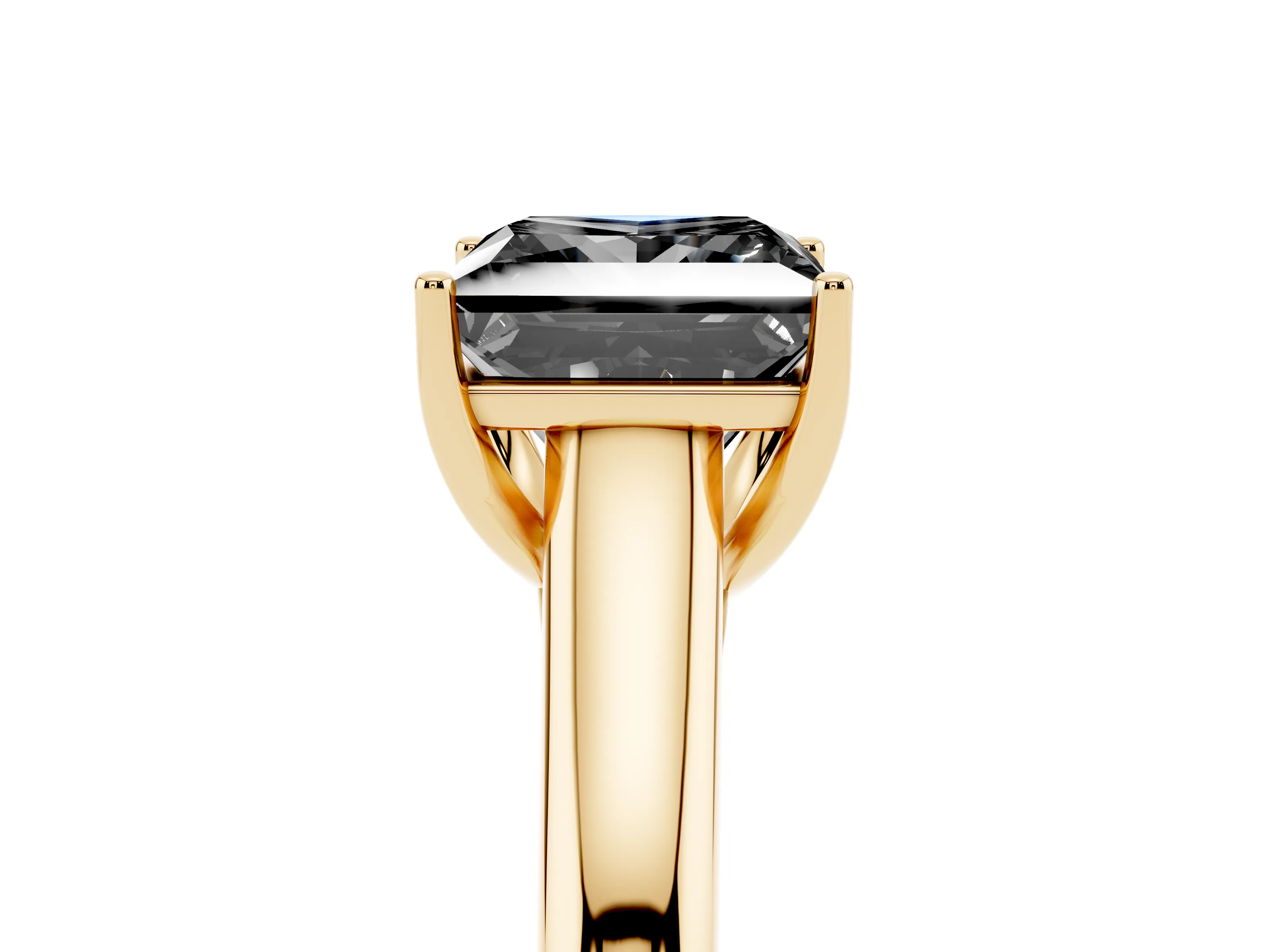 Fancy Black Princess Cut Diamond Solitaire Engagement Ring Set in Yellow gold with Subtly Tapered Band and Prong Setting