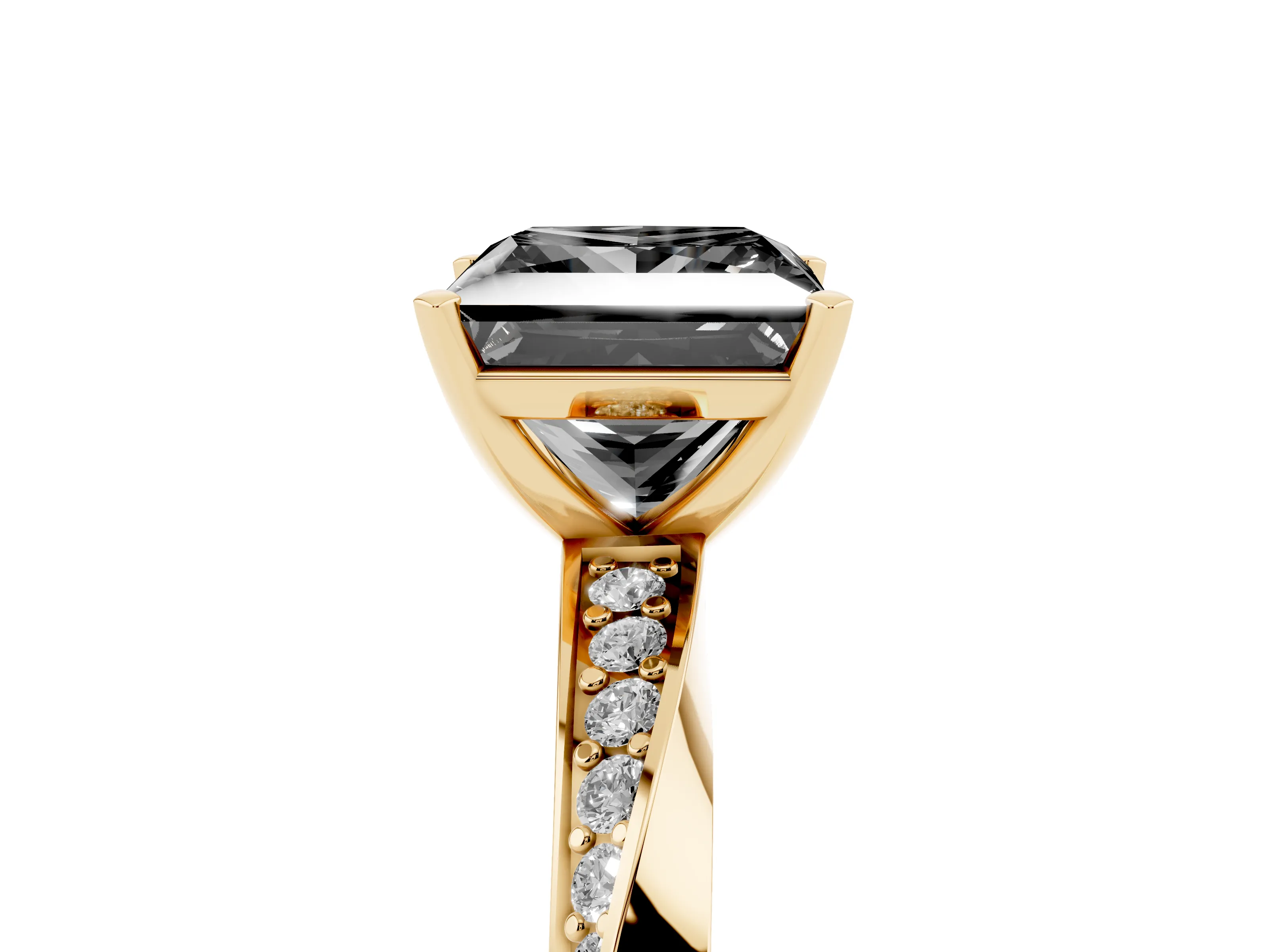 Fancy Black Princess Cut Diamond Engagement Ring Set in Yellow gold with Side Stone Accents and Prong Setting