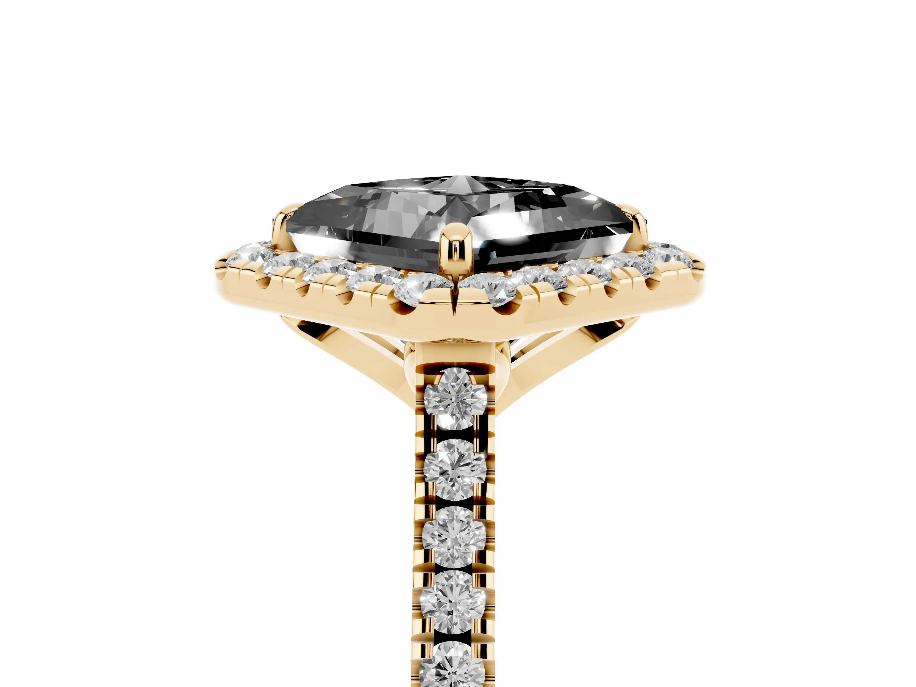 Fancy Black Princess Cut Diamond Cushion Halo Ring Set in Yellow gold with Pavé Band