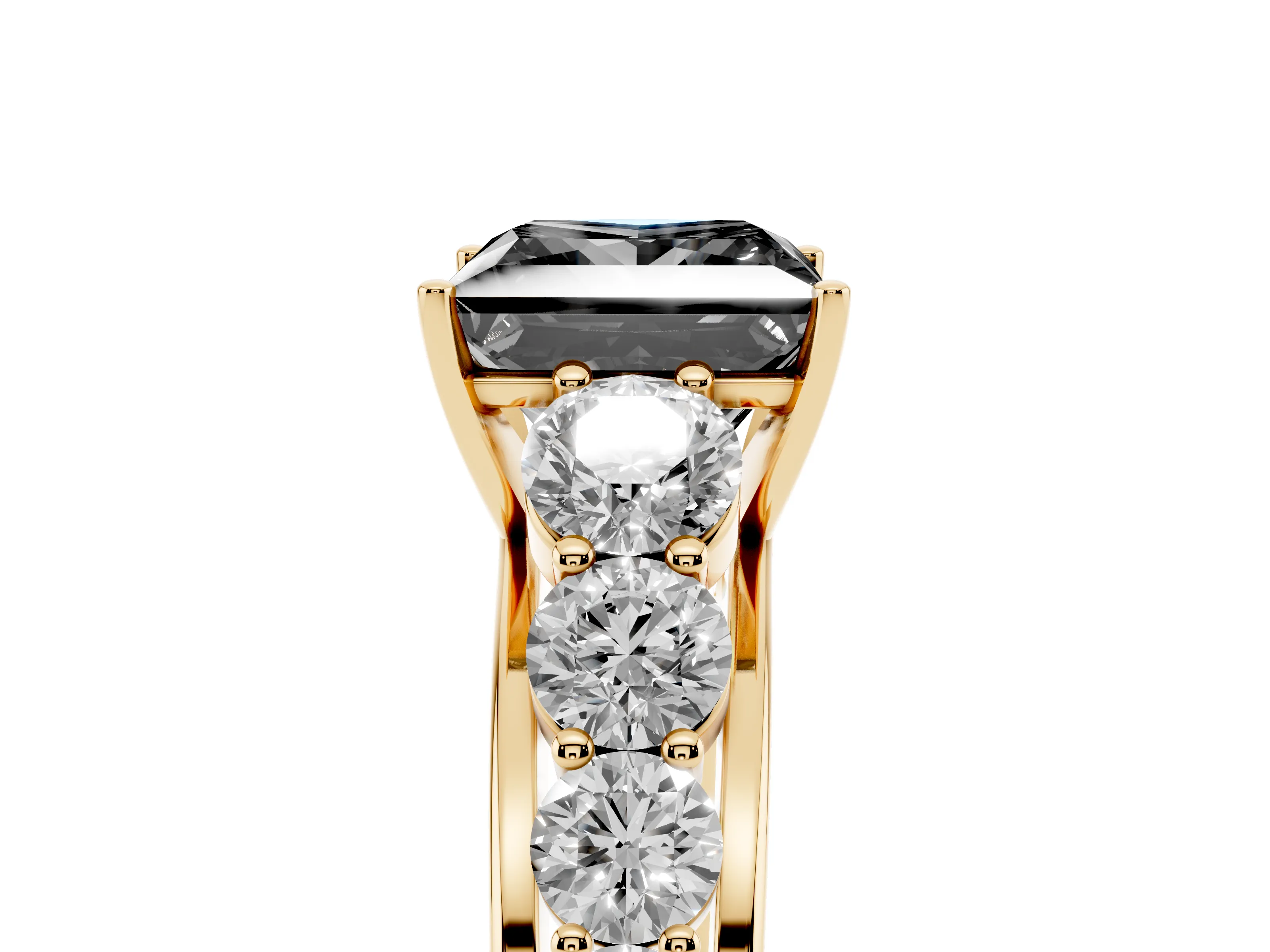 Fancy Black Princess Cut Diamond Solitaire Ring Set in Yellow gold with Pavé-Set Band and Prong Setting