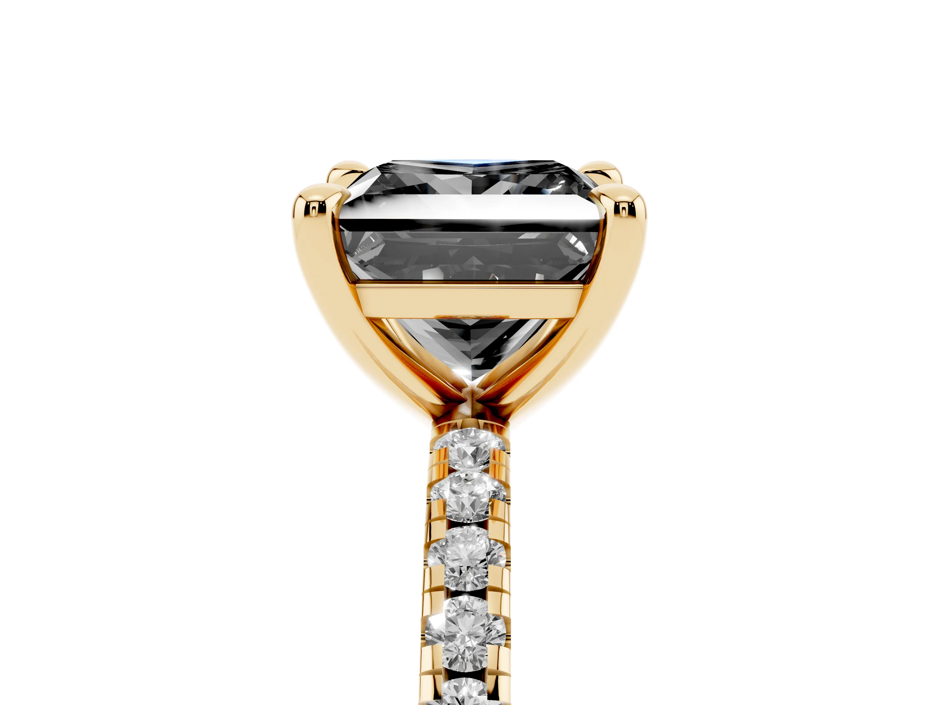 Fancy Black Princess Cut Diamond Brilliant Solitaire Ring Set in Yellow gold with Pavé Band and Prong Setting