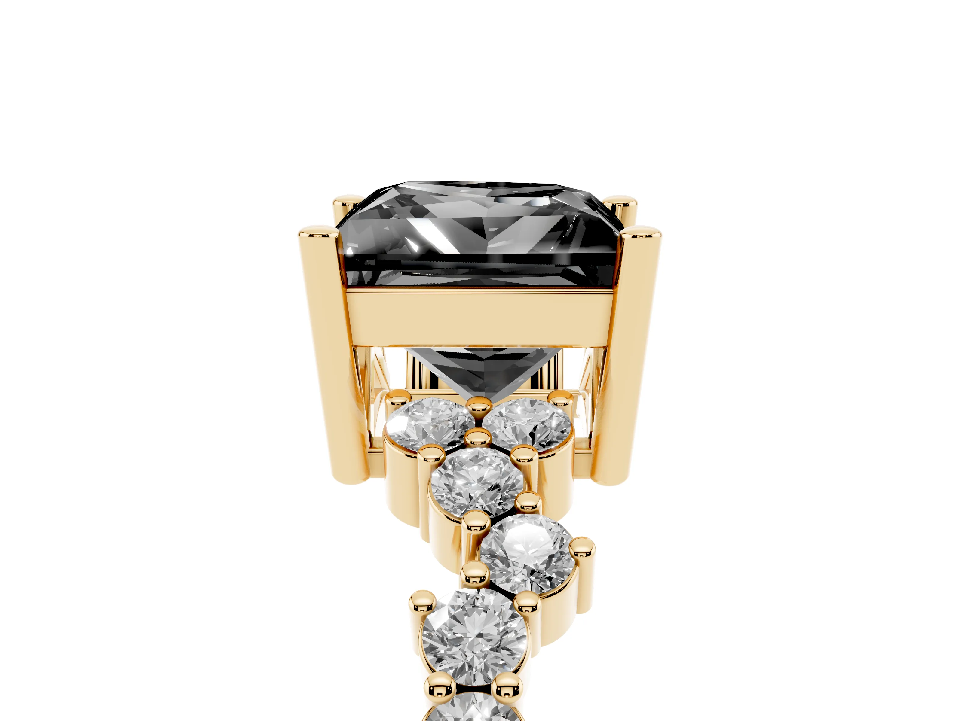 Fancy Black Princess Cut Diamond Ring Set in Yellow gold with Scattered Round Accents