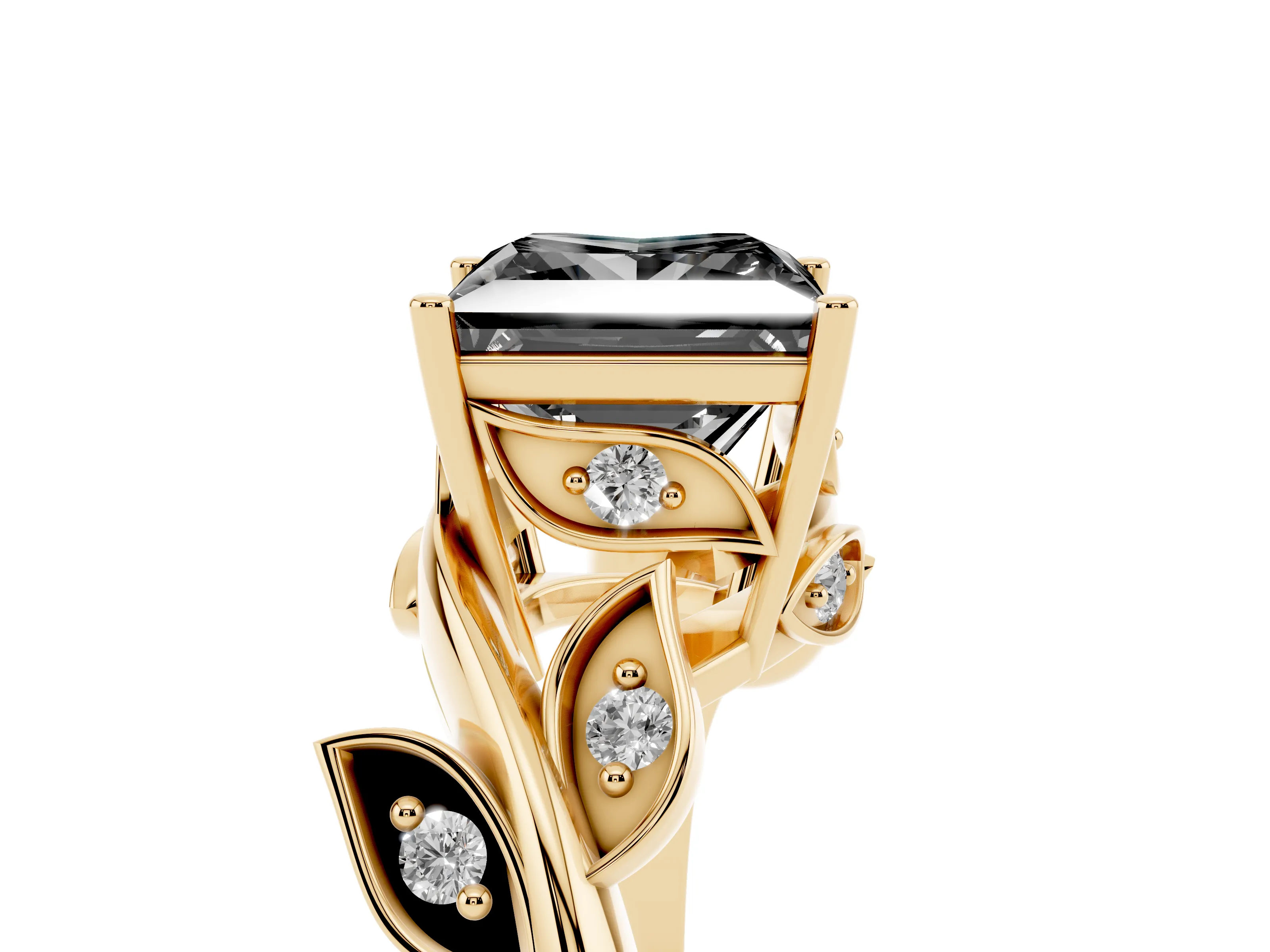 Fancy Black Princess Cut Diamond Solitaire Twist Engagement Ring Set in Yellow gold with Pavé Leaf Accents
