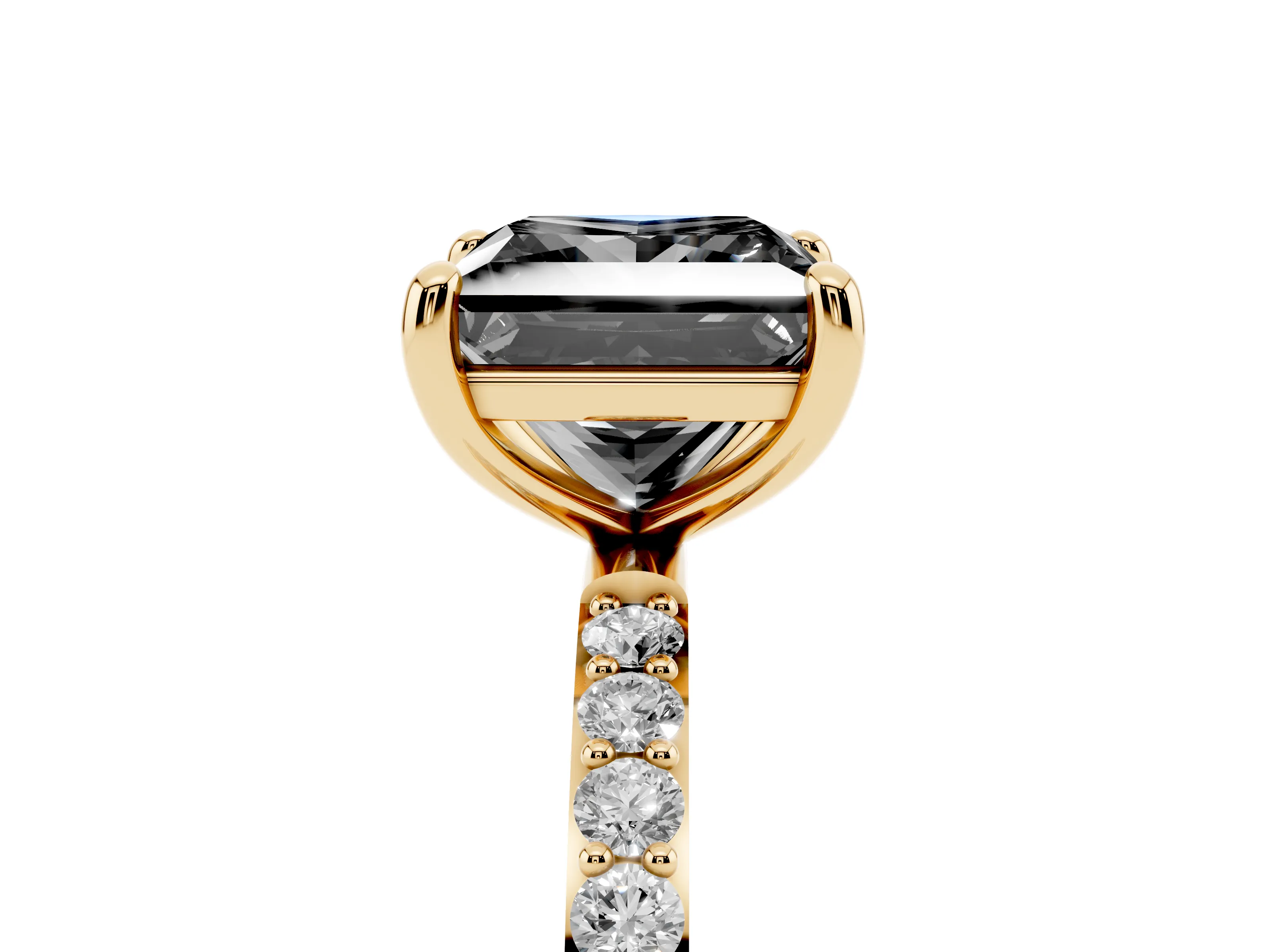 Fancy Black Princess Cut Diamond Solitaire Ring Set in Yellow gold with Round Pavé Band and Prong Setting