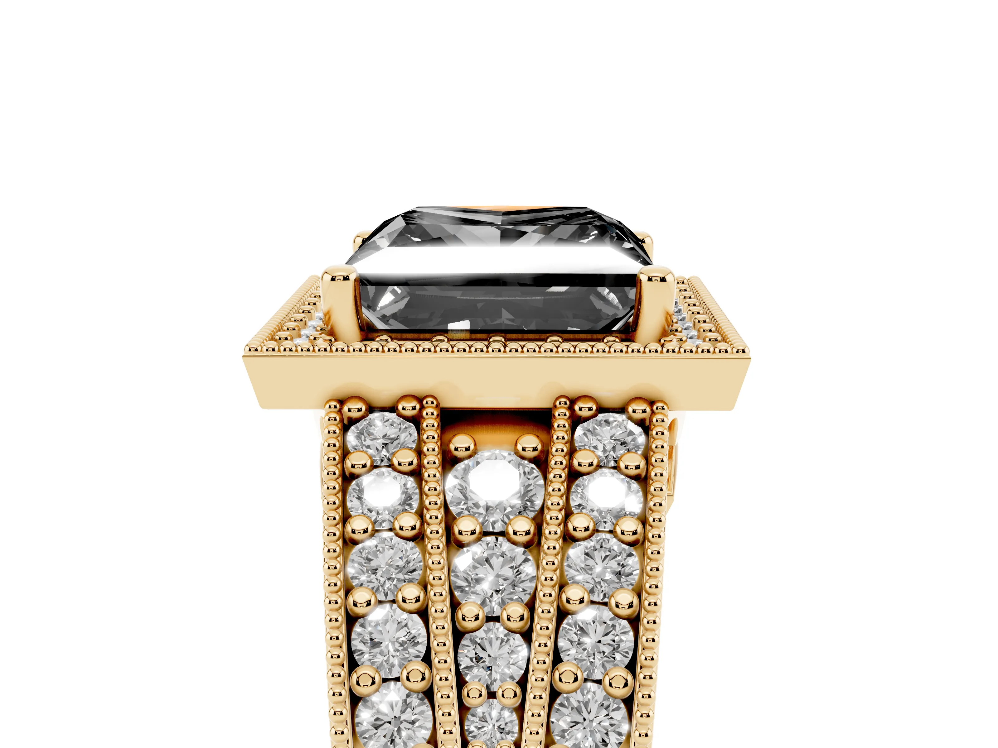 Fancy Black Princess Cut Diamond Halo Ring Set in Yellow gold with Accent Split Shank and Prong Setting