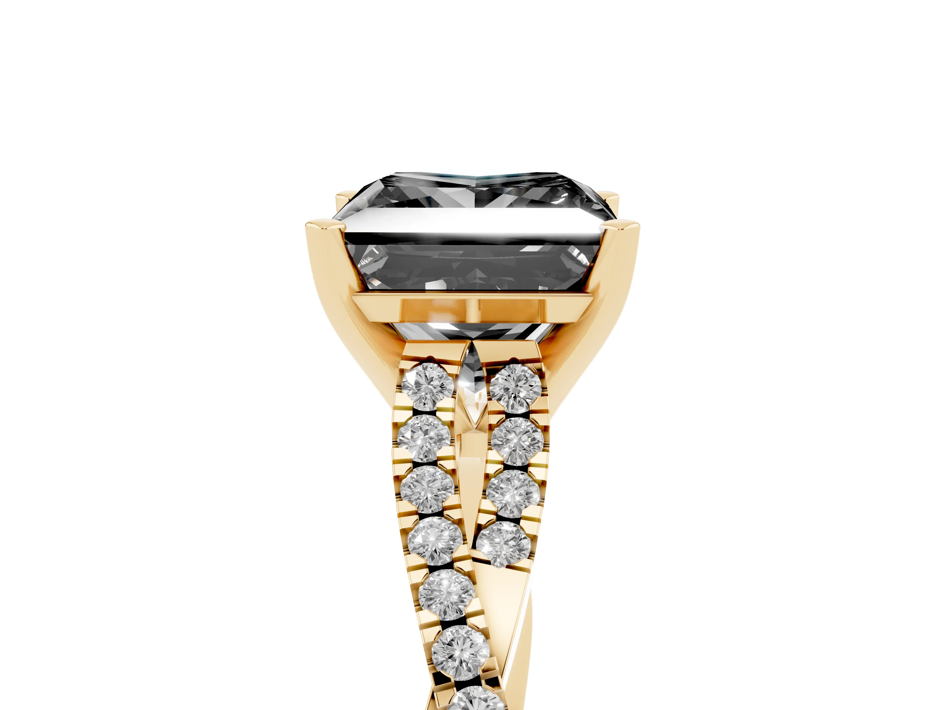 Fancy Black Princess Cut Diamond Solitaire Engagement Ring Set in Yellow gold with Twisted Pavé Band and Prong Setting