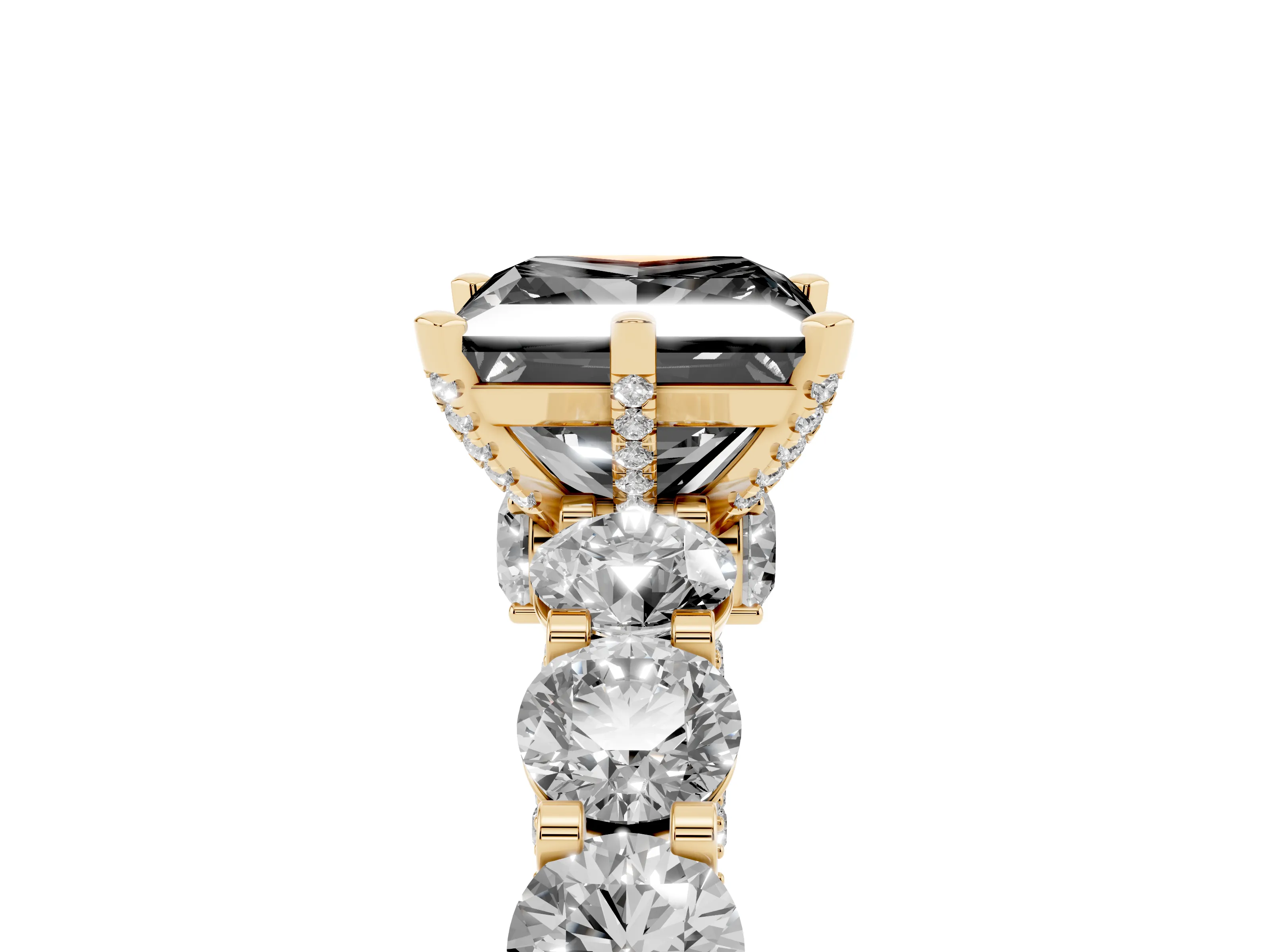 Fancy Black Princess Cut Diamond Side Stone Ring Set in Yellow gold with Alternating Round and Oval Side Stones