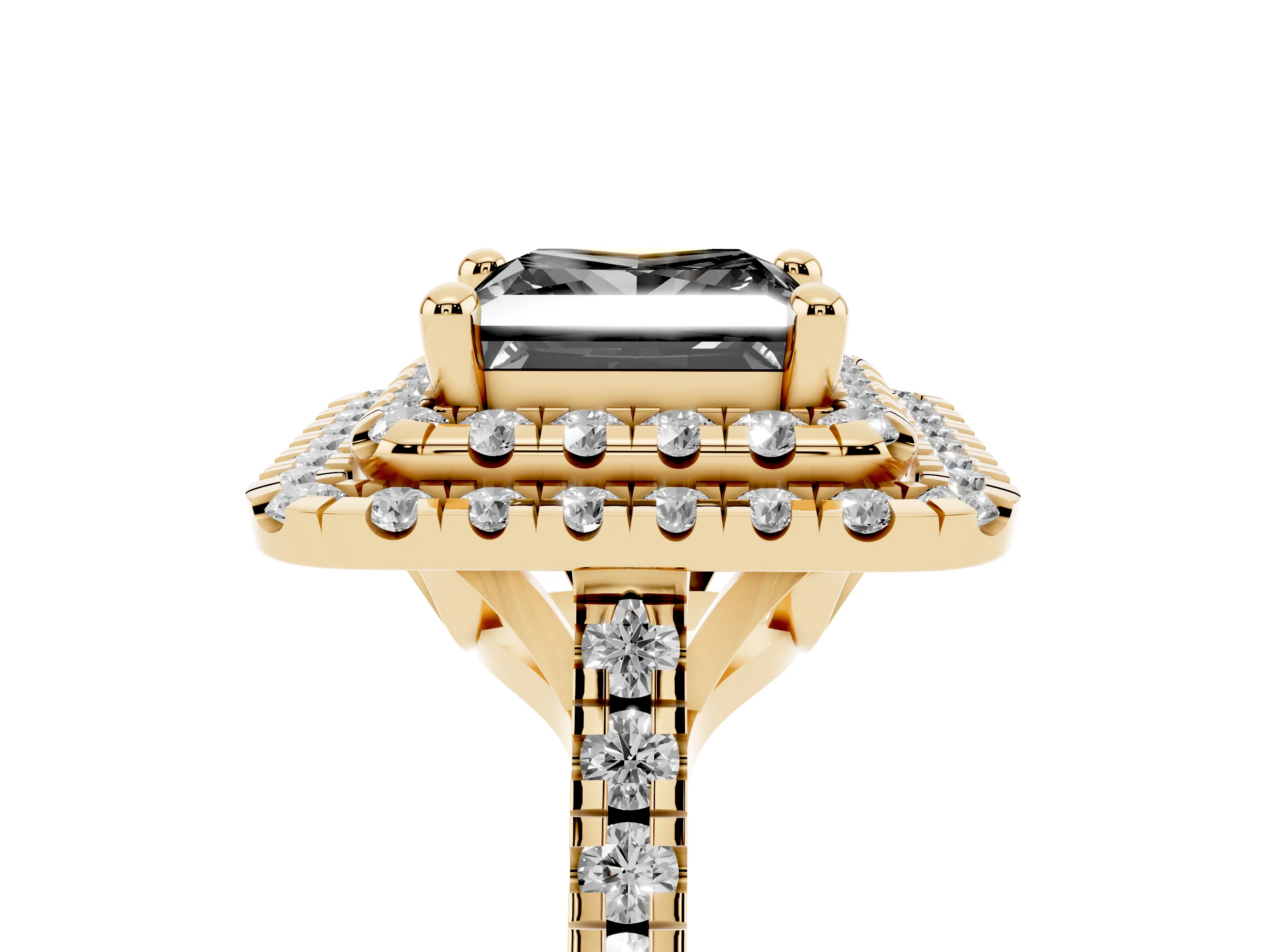 Fancy Black Princess Cut Diamond Double Halo Statement Ring Set in Yellow gold with Pavé Band