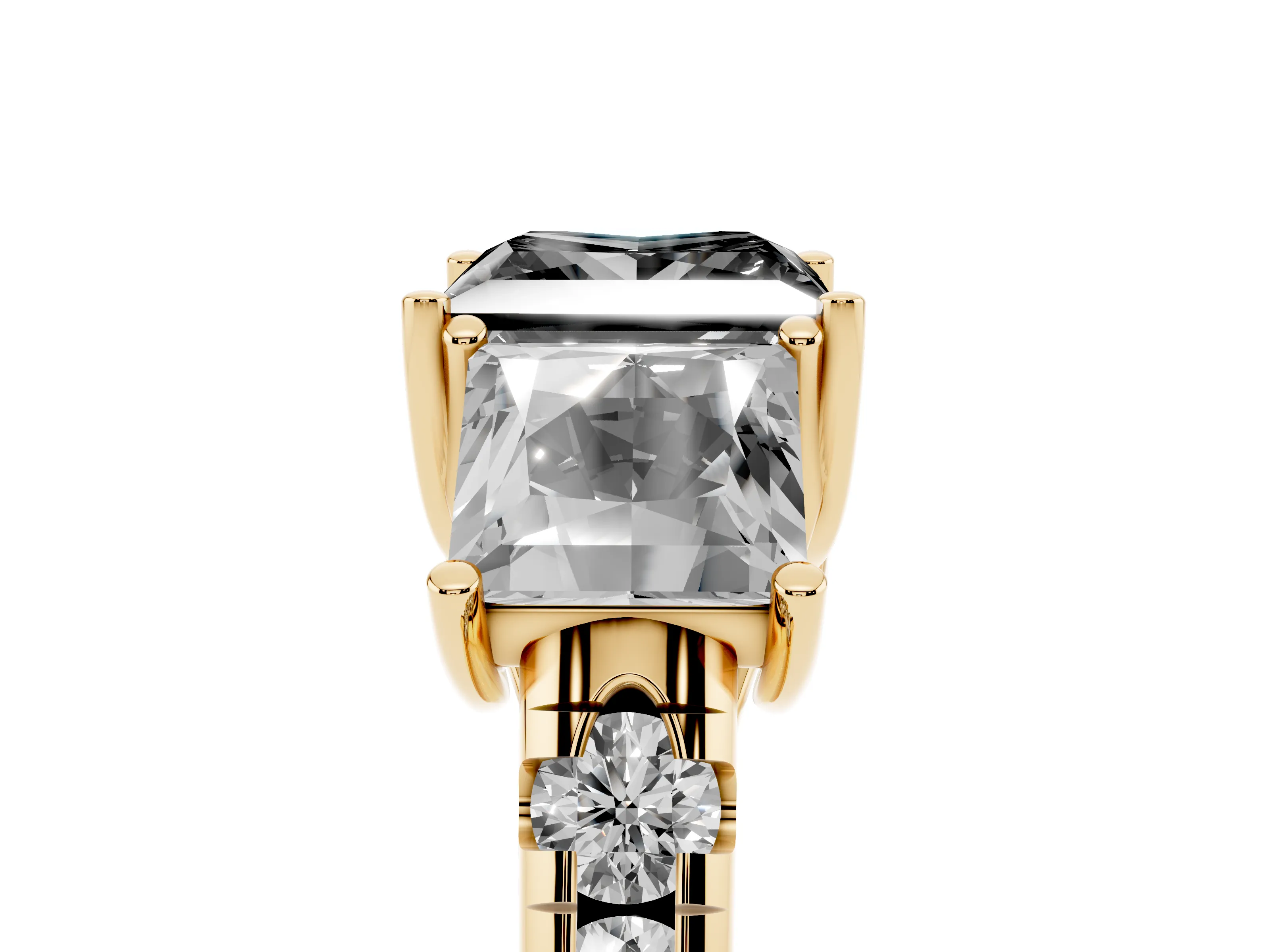 Fancy Black Princess Cut Diamond Three-Stone Ring Set in Yellow gold with Pavé Band
